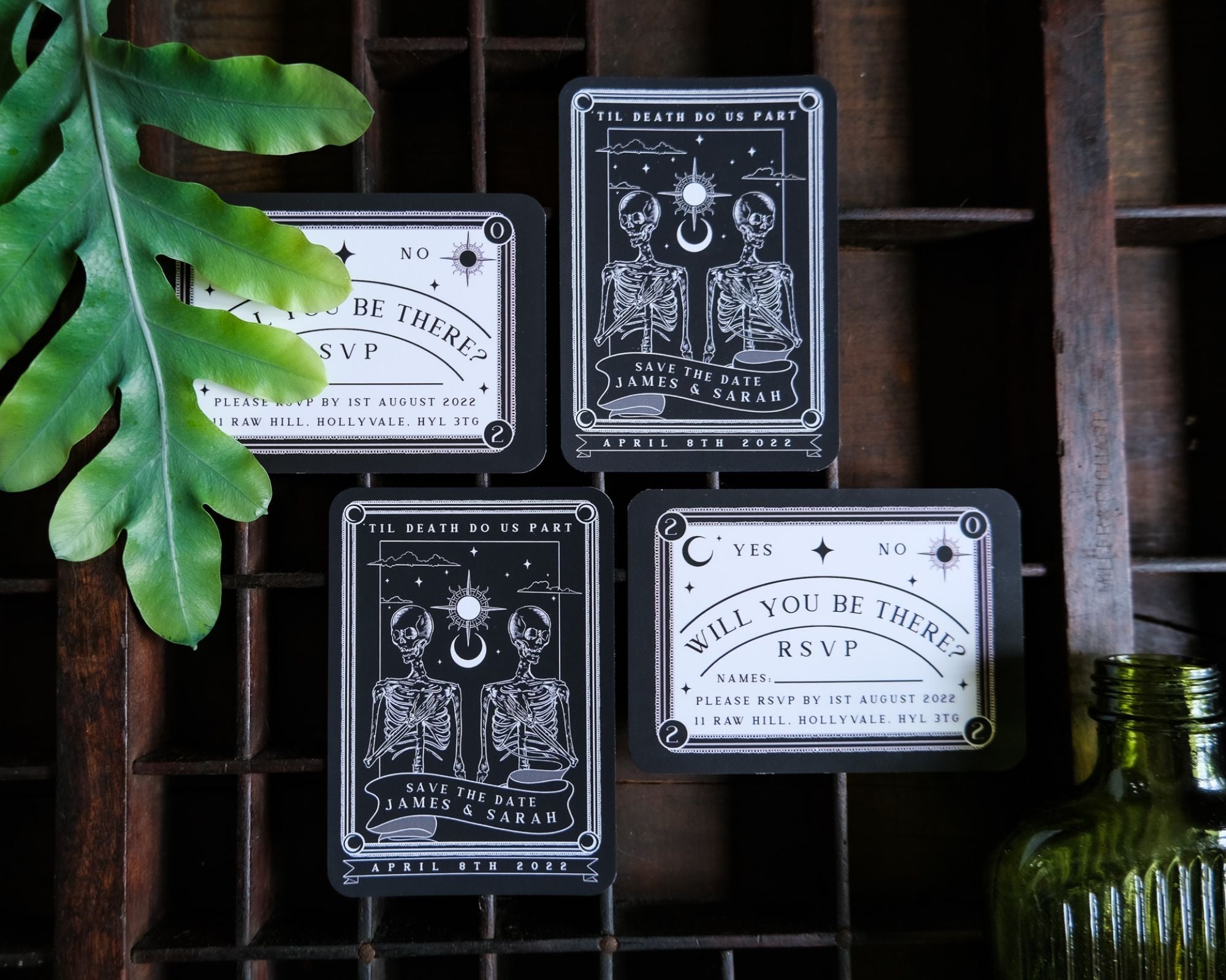 'Til Death Do Us Part' tarot-themed save the date magnet and RSVP card set with vintage design.