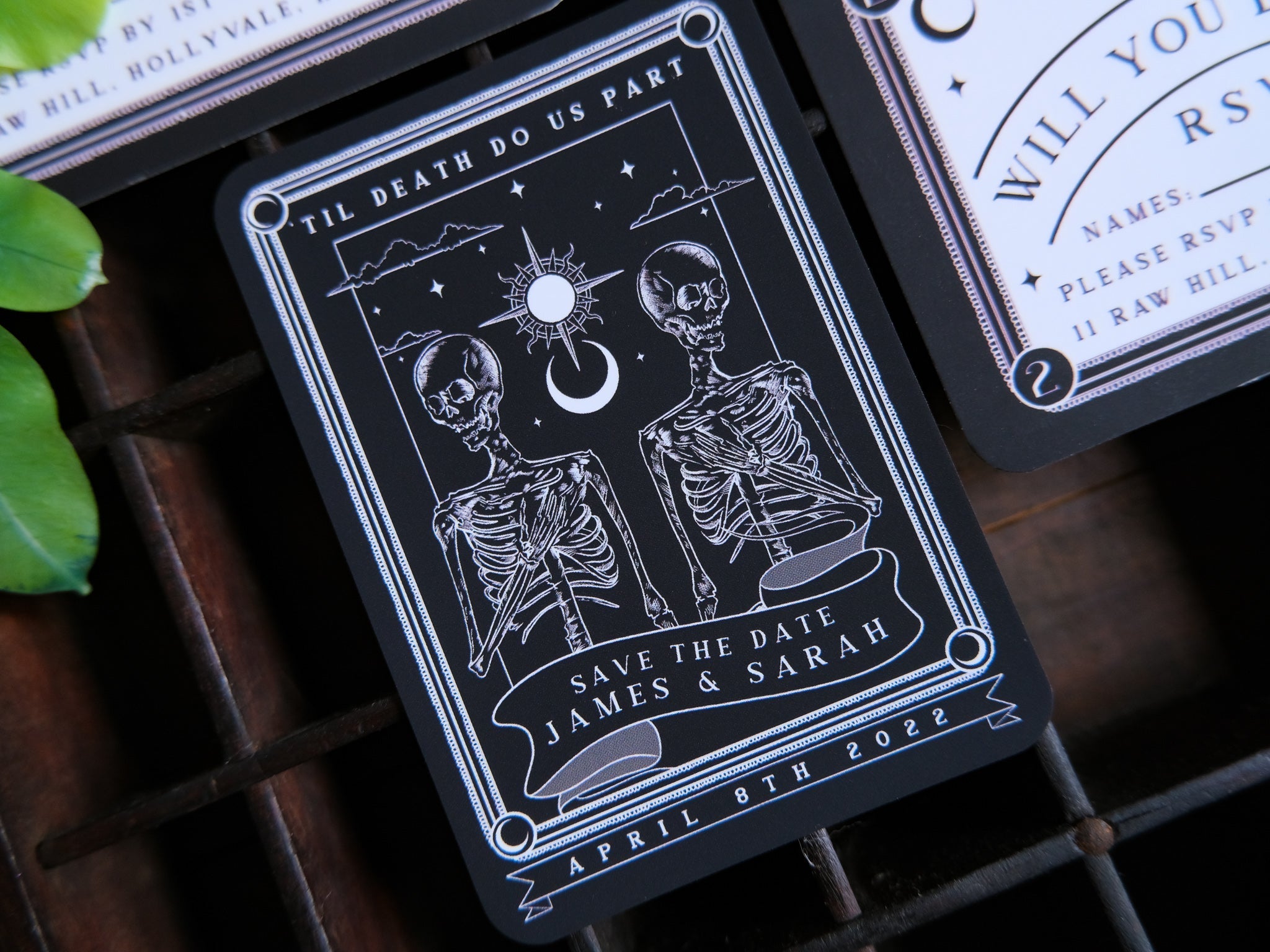'Til Death Do Us Part' Tarot Save The Date Magnet and RSVP Card, skeleton design, customizable colors, magnetic and velvet textured cardstock, A7 size.