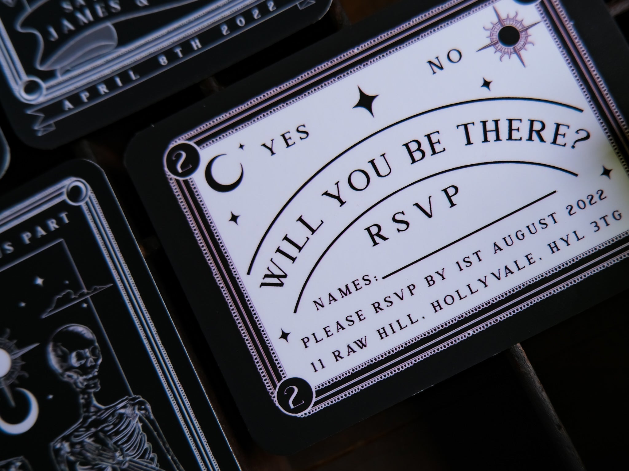 'Til Death Do Us Part' Tarot themed save the date magnet and RSVP card set with envelopes.