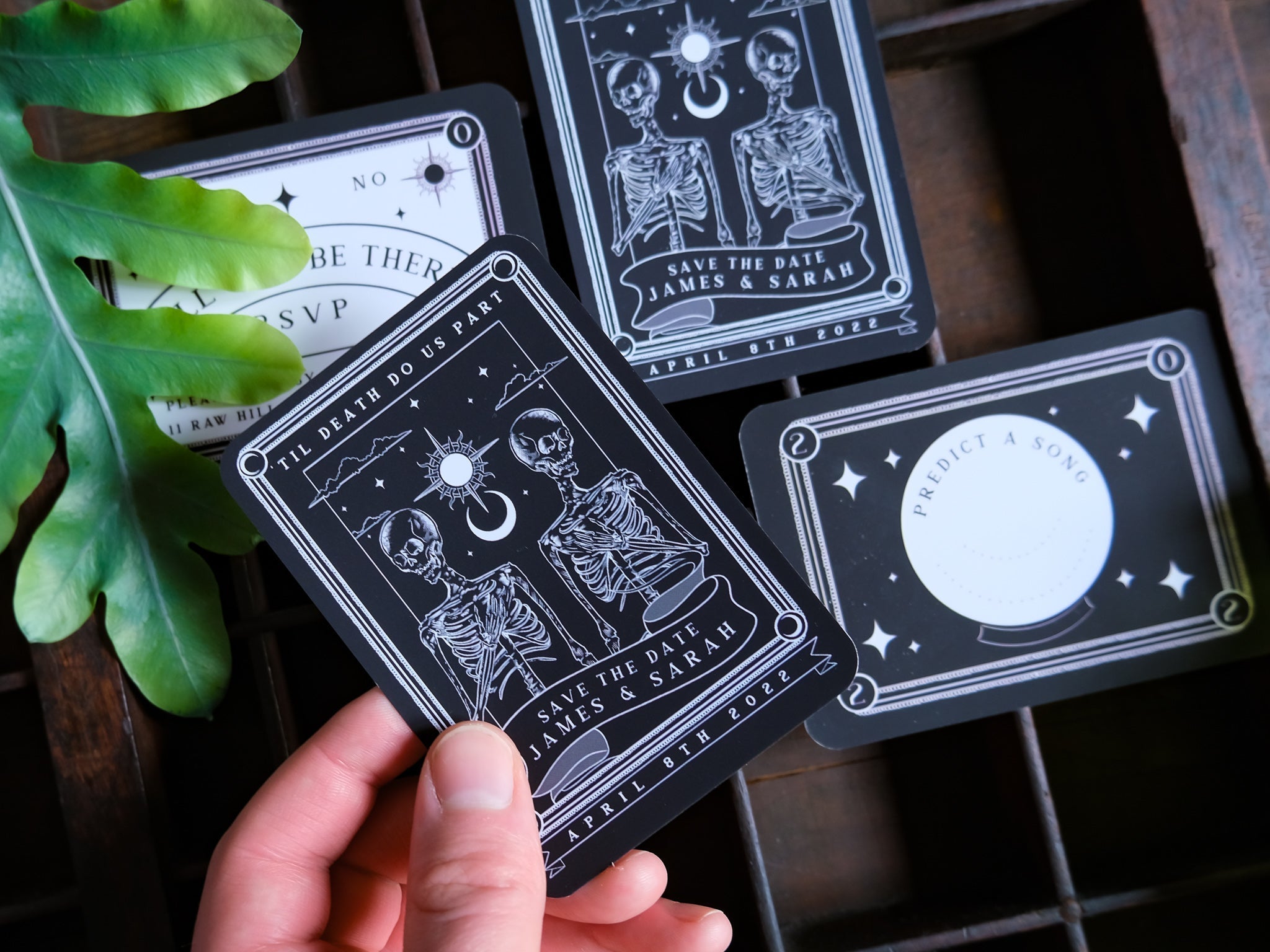 Tarot-themed save the date magnet and RSVP card set with skeleton design.