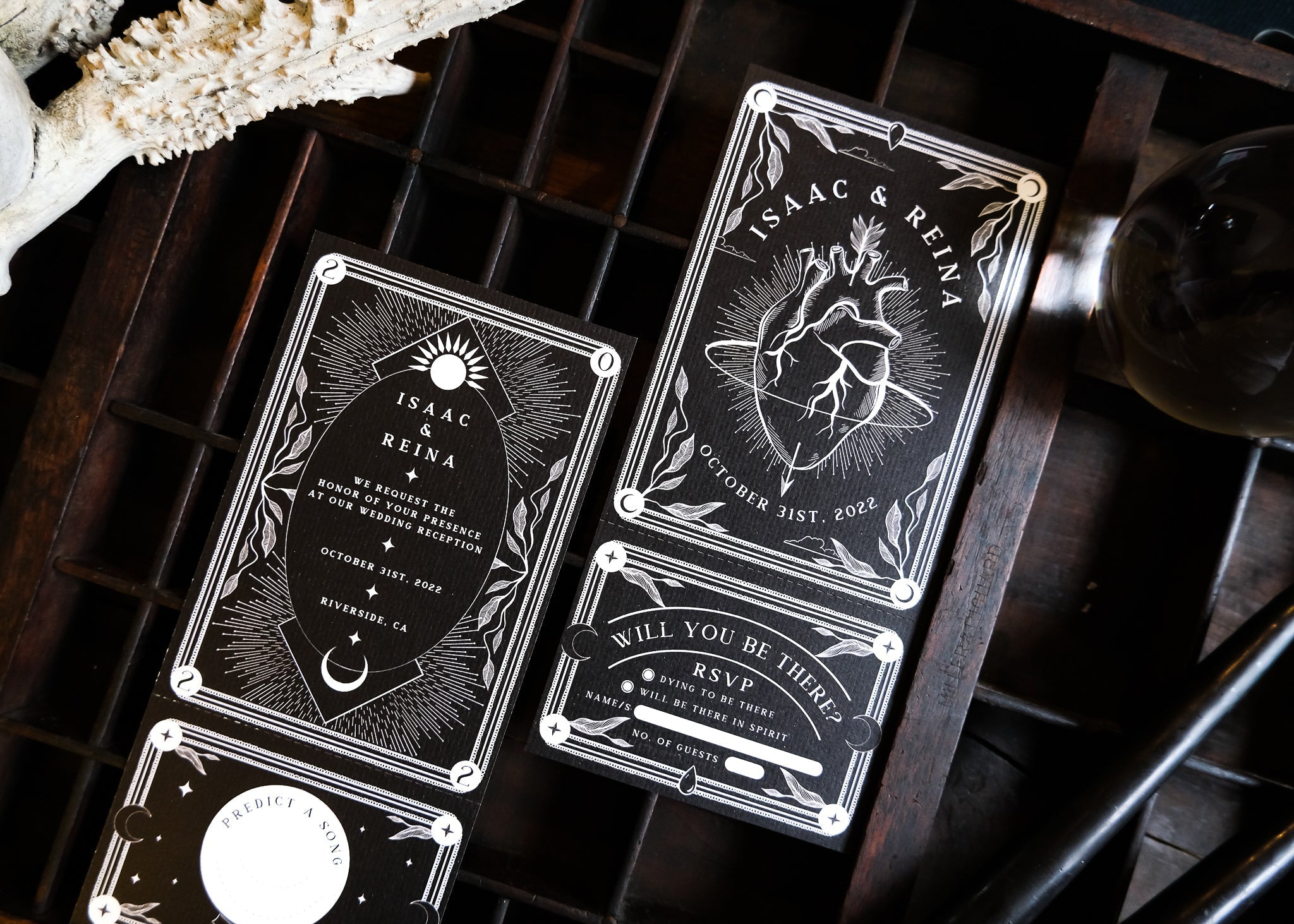 'Bleeding Heart' Tarot Full Invitation with RSVP Options on matte card with intricate black and white design.