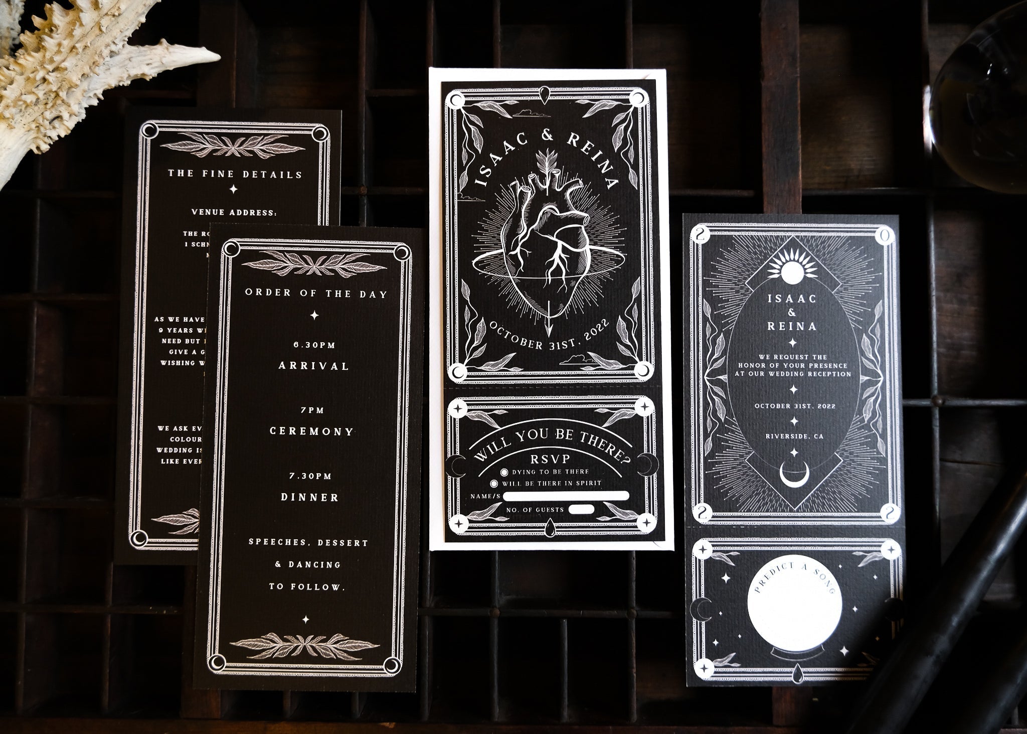 'Bleeding Heart' Tarot Full Invitation set with RSVP options, featuring black and white design on matte card with perforated RSVP tear-off section.