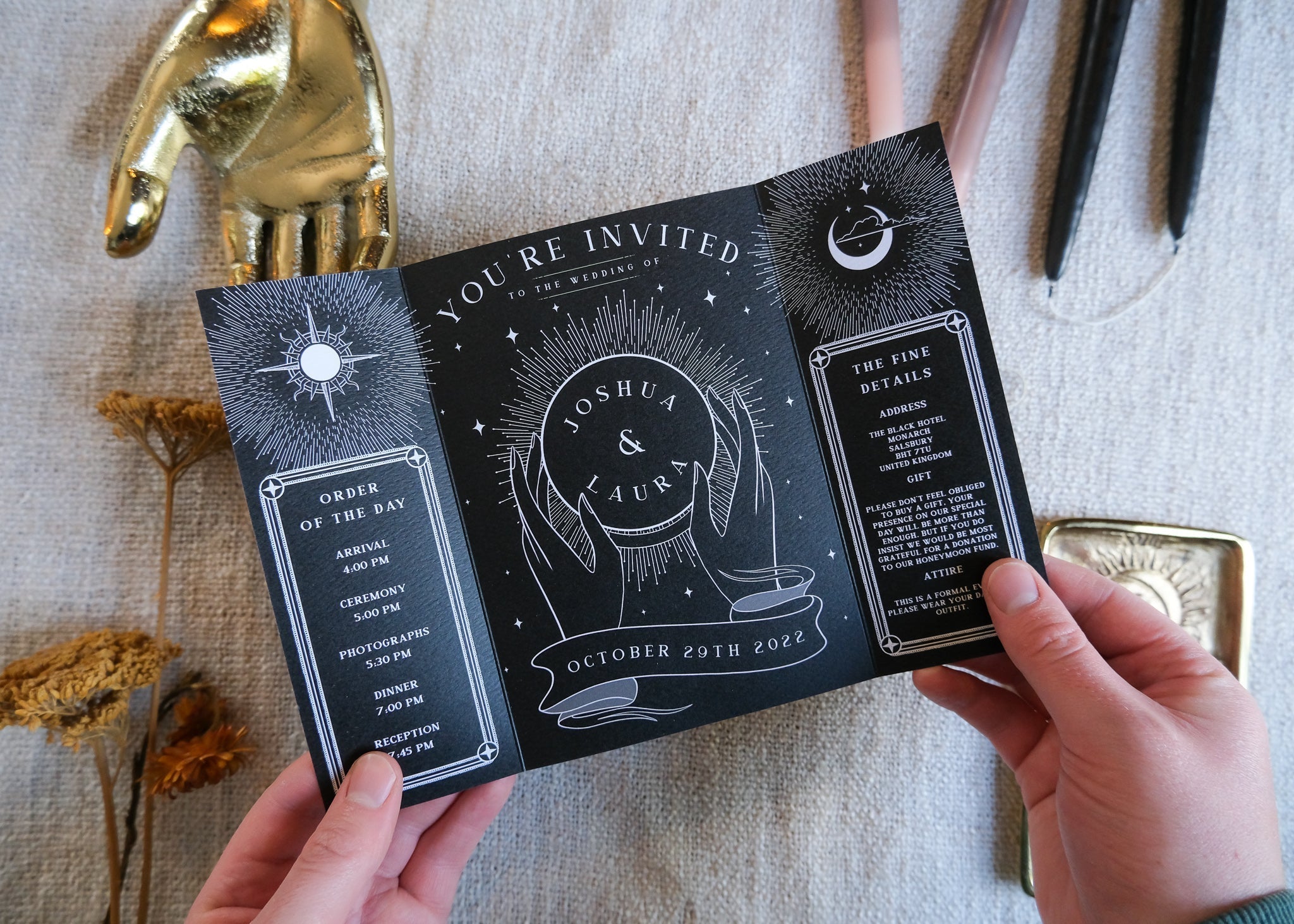 Skeleton Lovers 'Til Death Do Us Part gatefold wedding invitation on textured card with decorative design in black and white.