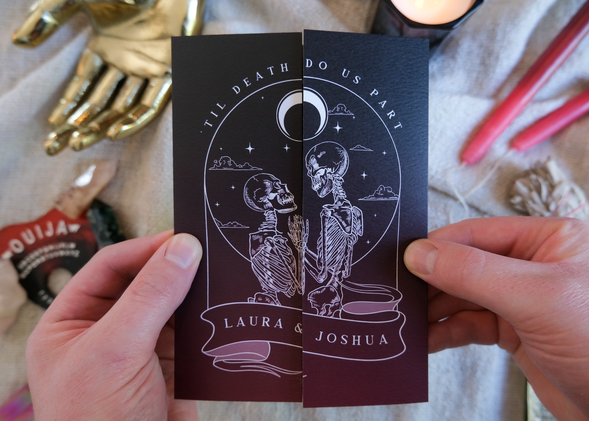 Skeleton Lovers 'Til Death Do Us Part gatefold wedding invitation featuring skeleton couple illustration with personalized names, 5x7 inch Matte Textured Card.