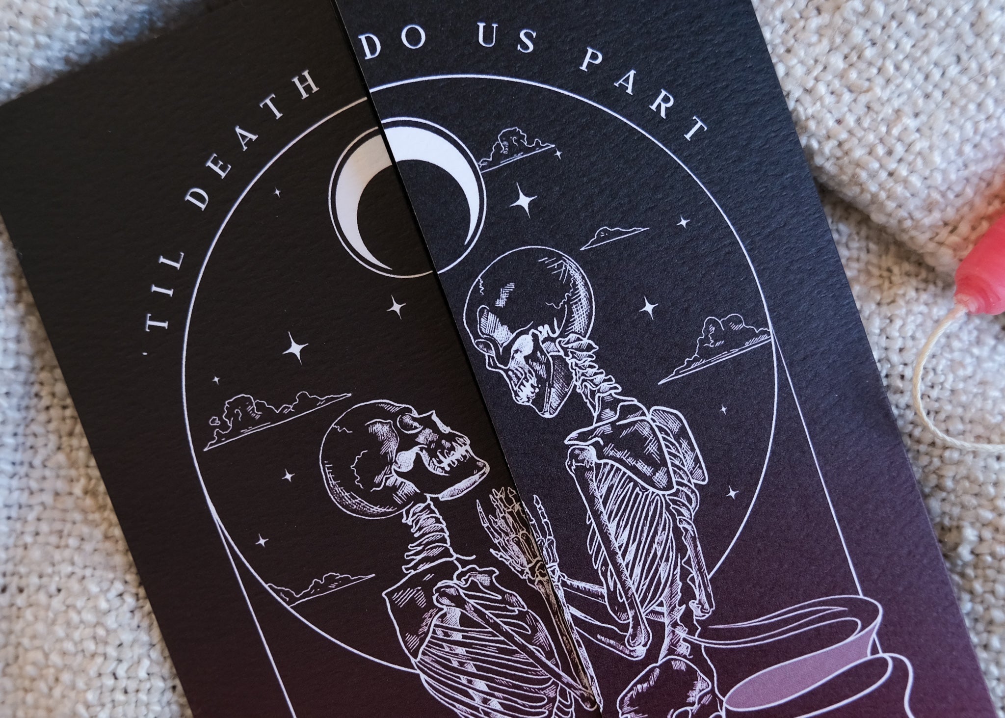 Skeleton Lovers 'Til Death Do Us Part gatefold wedding invitation with skeleton design and crescent moon motif, printed on matte textured card.