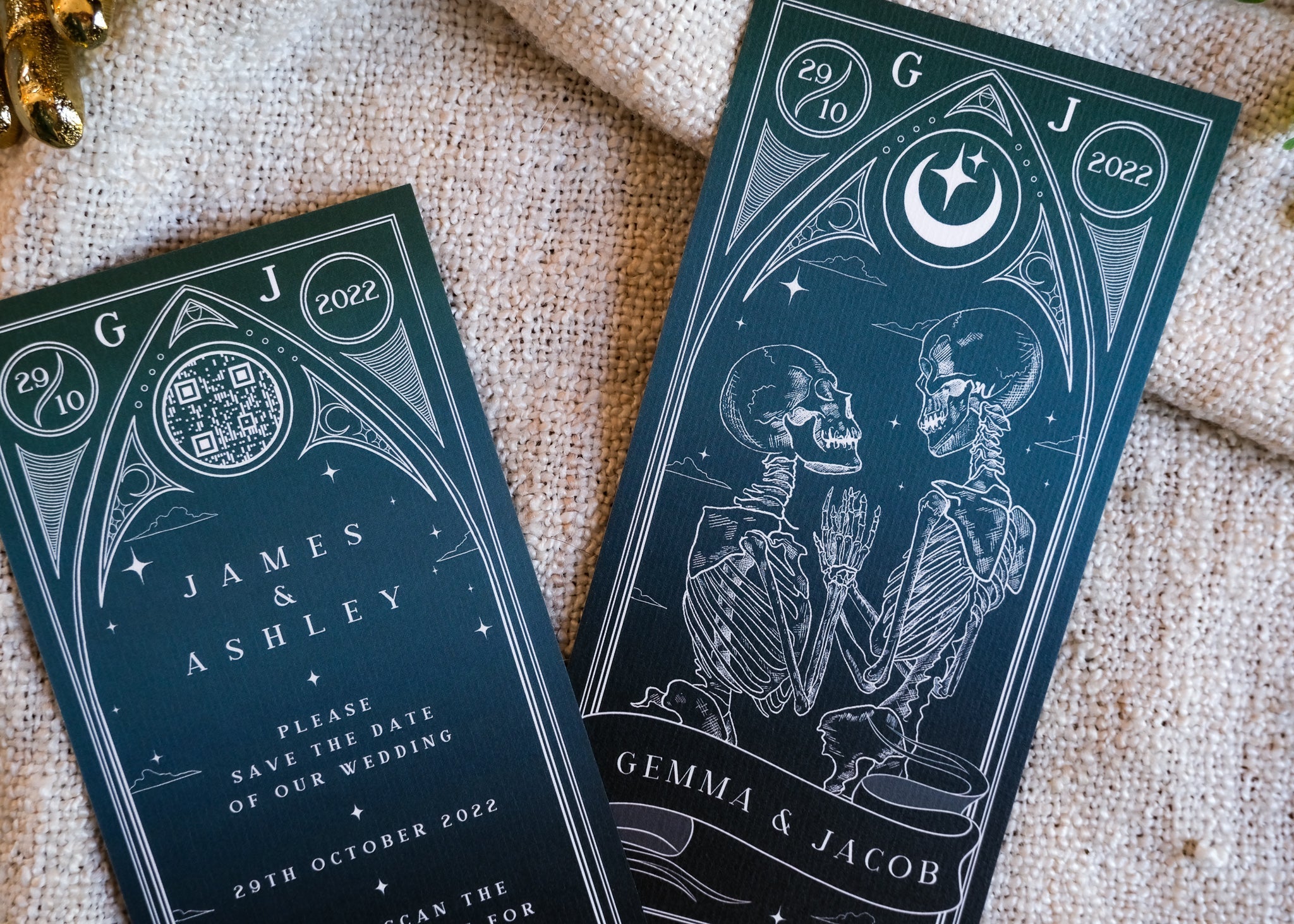 Lovers Tarot Save The Date cards featuring skeletons in embrace.
