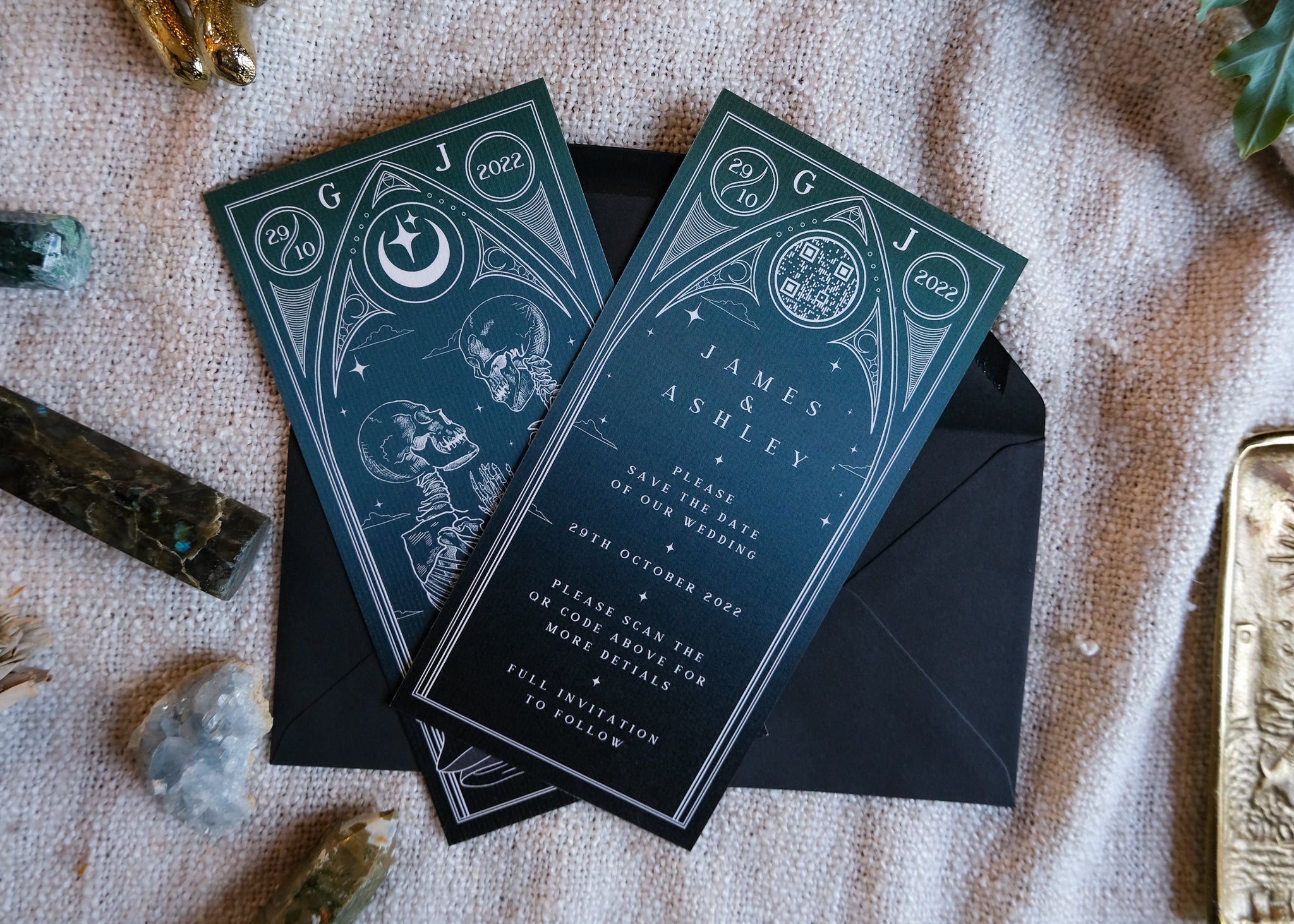 'Til Death Do Us Part' lovers tarot save the date card with skeletons in tender embrace, featuring gothic design elements and premium matte finish for weddings.