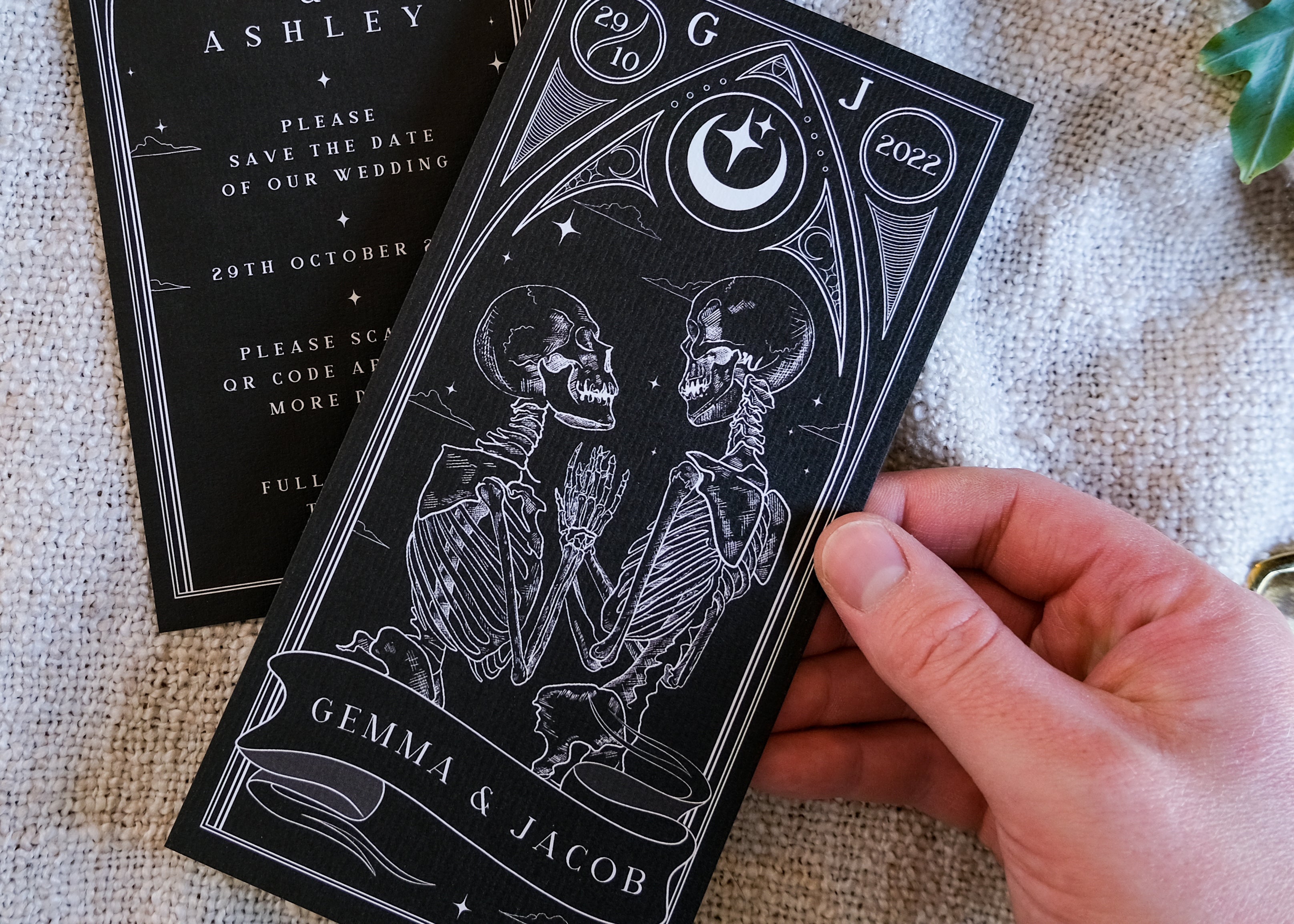 Part' Lovers Tarot Save The Date Card with skeletons in embrace, customizable colors, 280 GSM matte, gothic wedding theme.