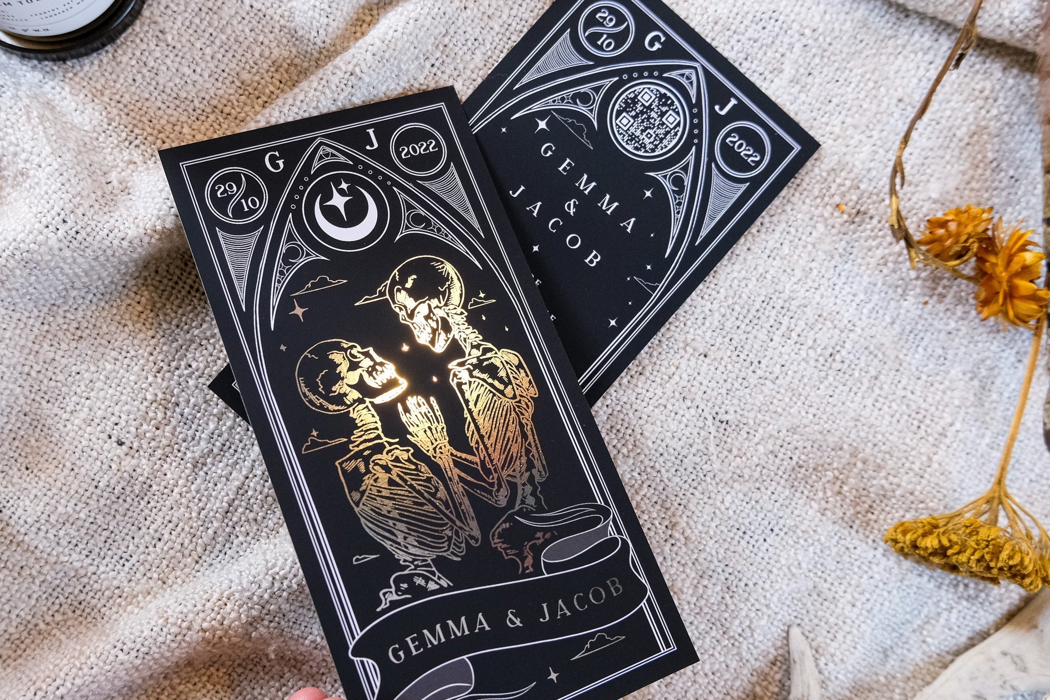 The Lovers 'Til Death Do Us Part' foiled tarot save the date card with gothic design and gold details.