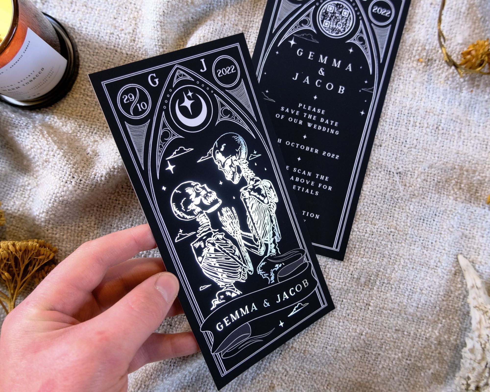 The Lovers 'Til Death Do Us Part' Foiled Save The Date Card featuring gothic skeleton illustration and foil details.
