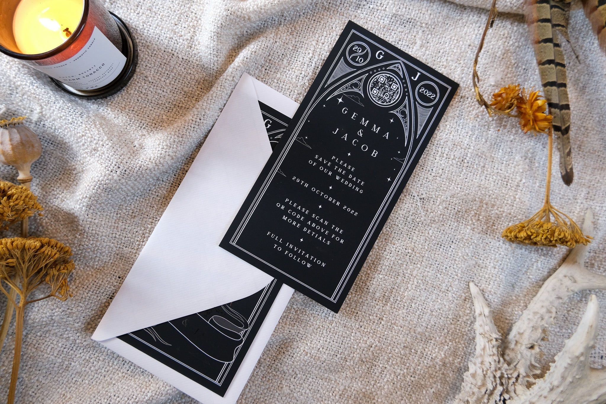 The Lovers 'Til Death Do Us Part' Foiled Save The Date Card featuring gothic tarot design on velvet soft card with white envelope.