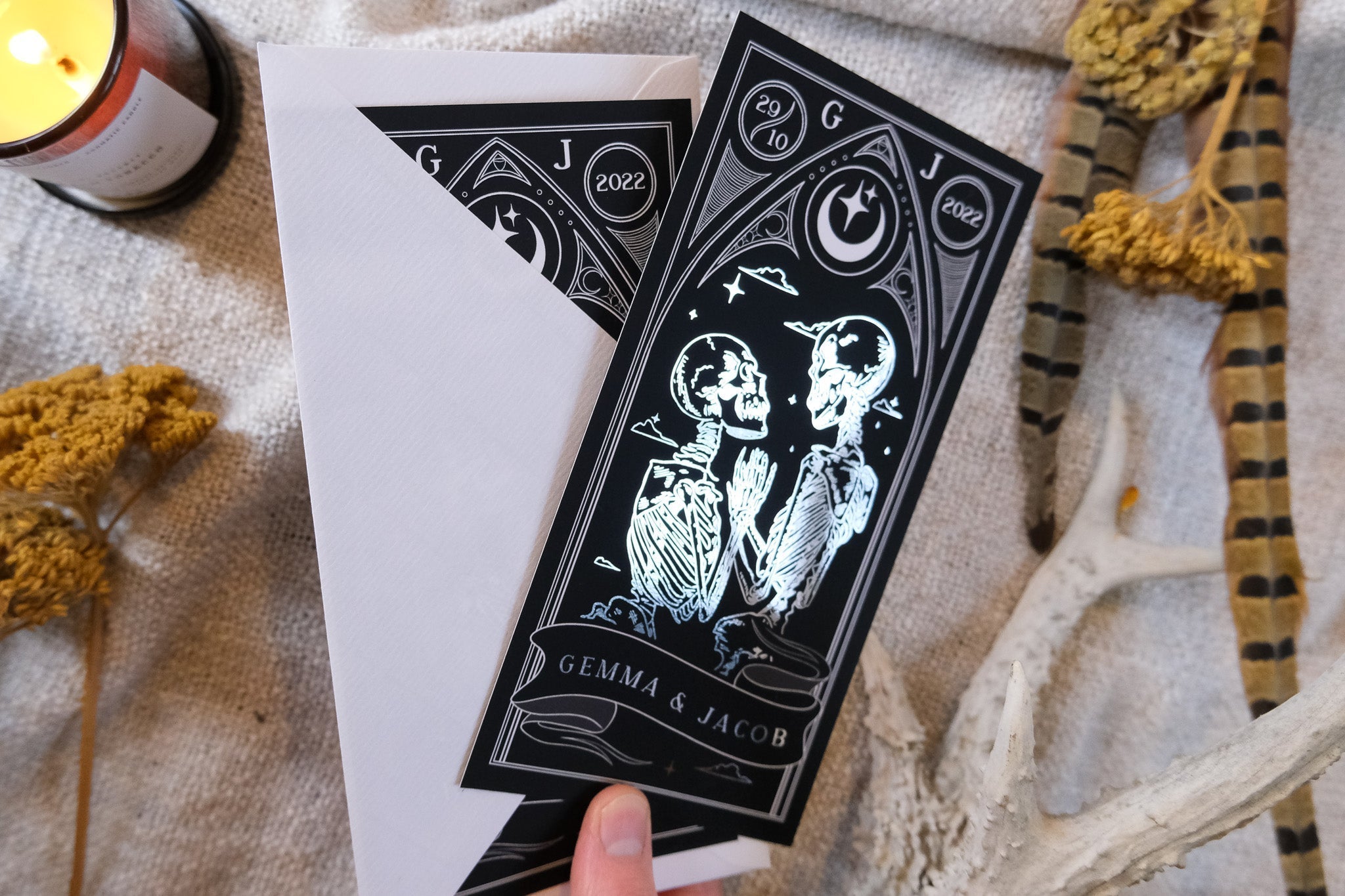 The Lovers 'Til Death Do Us Part' foiled save the date card with gothic tarot design and white envelope.