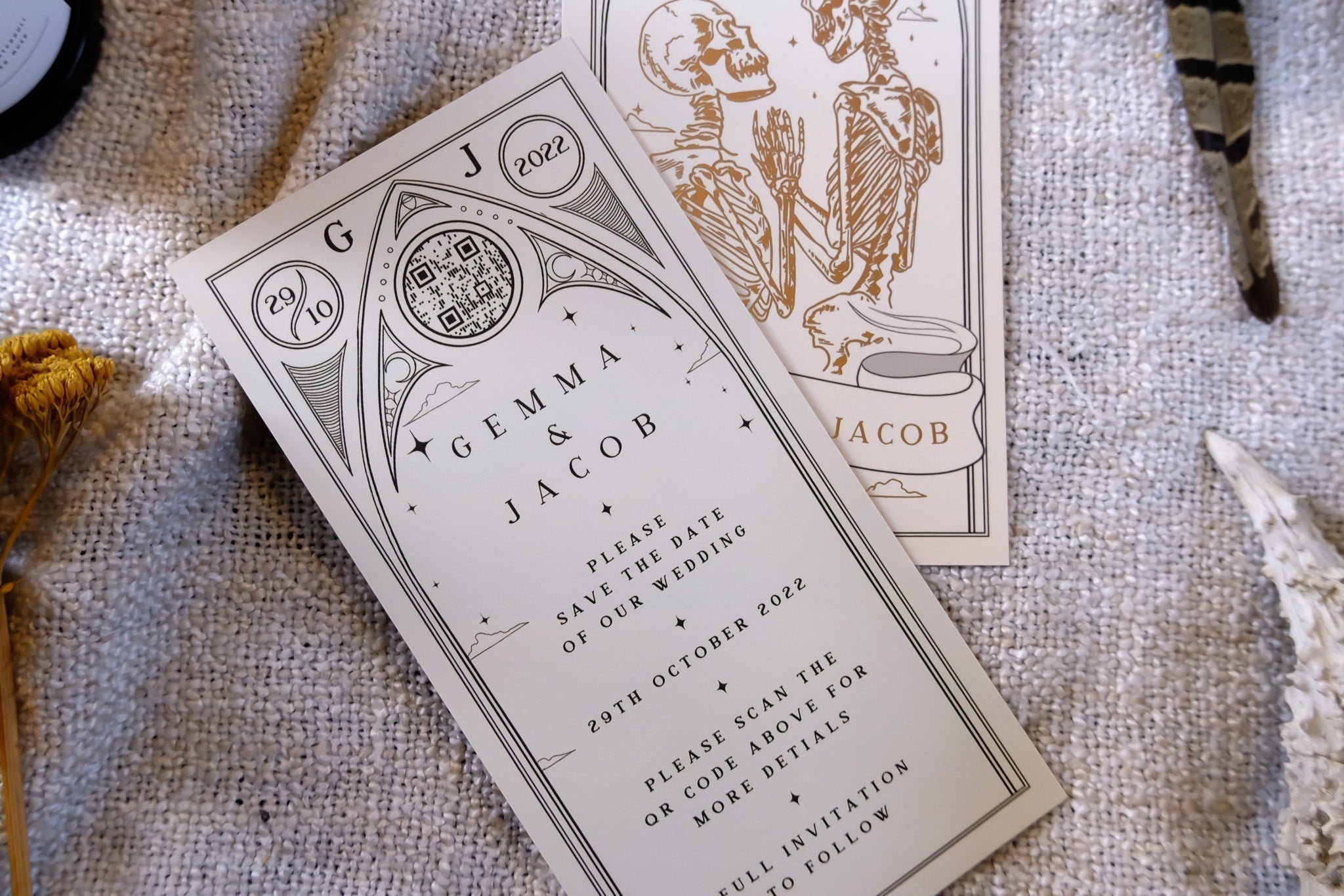 The Lovers 'Til Death Do Us Part' tarot-style foil save the date card on textured background.