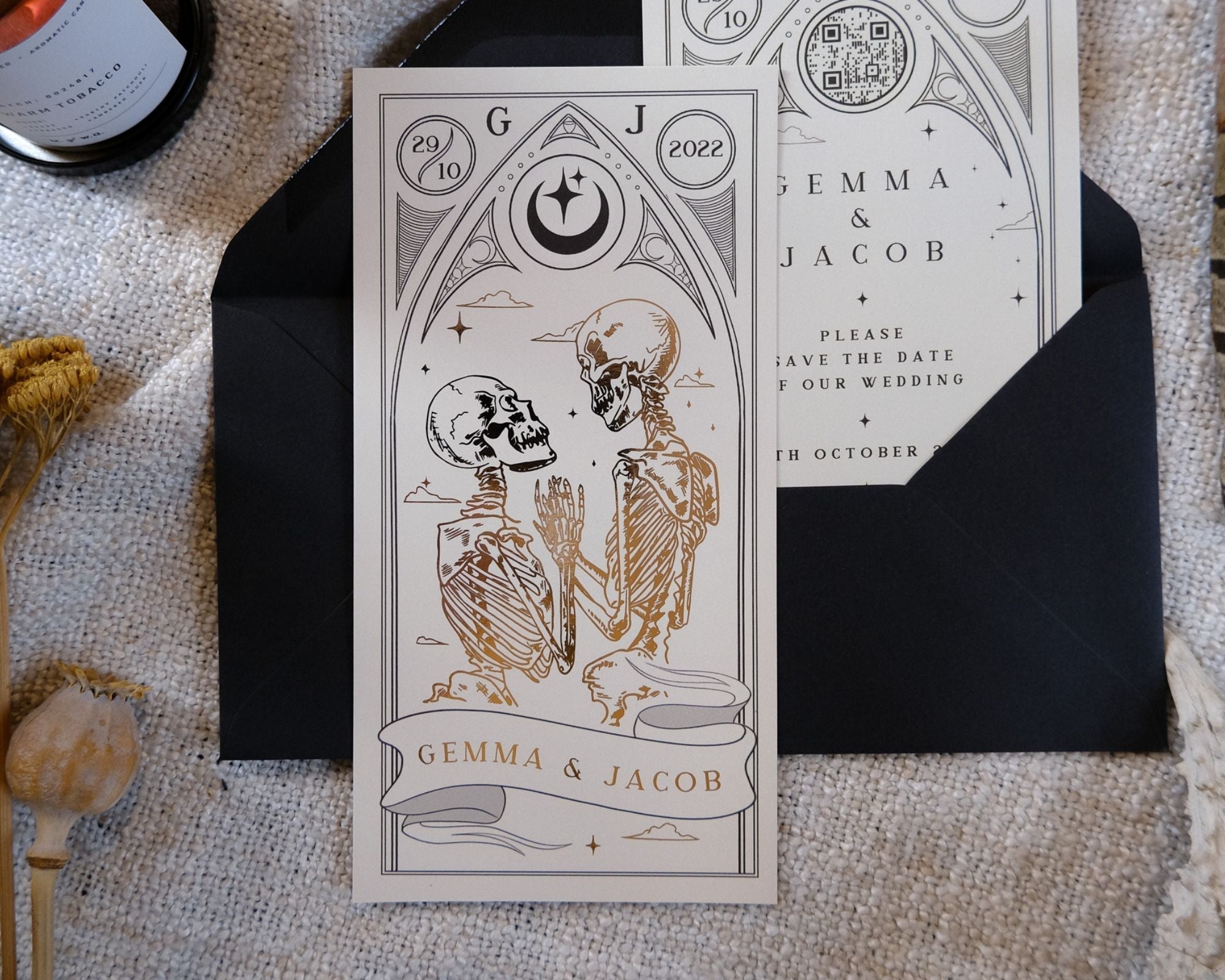 The Lovers 'Til Death Do Us Part' foiled save the date card with skeletons, tarot design, and customizable foil finishes.