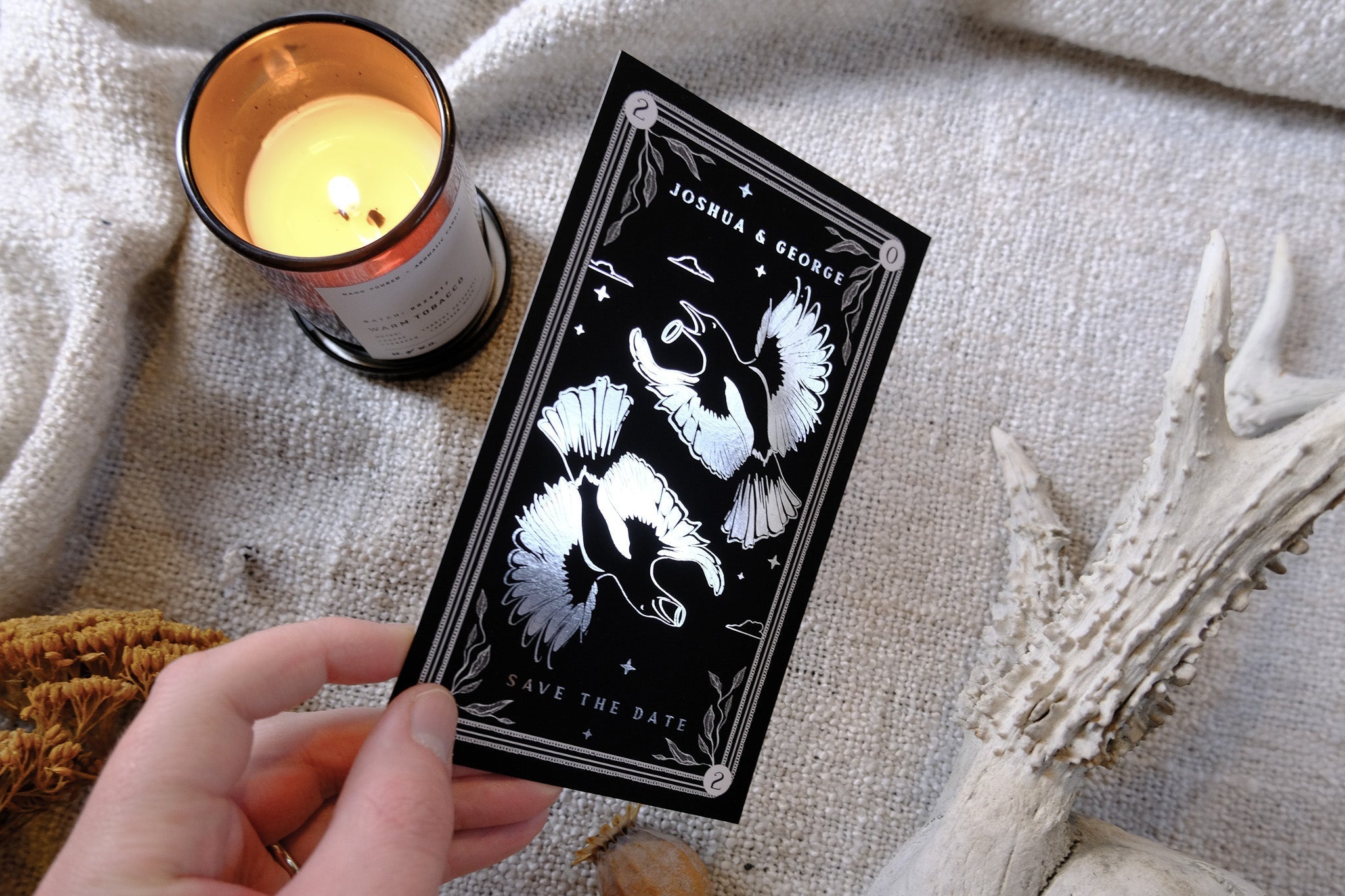 Two for Joy Magpie Foiled Tarot Card Save the Dates with white envelopes.