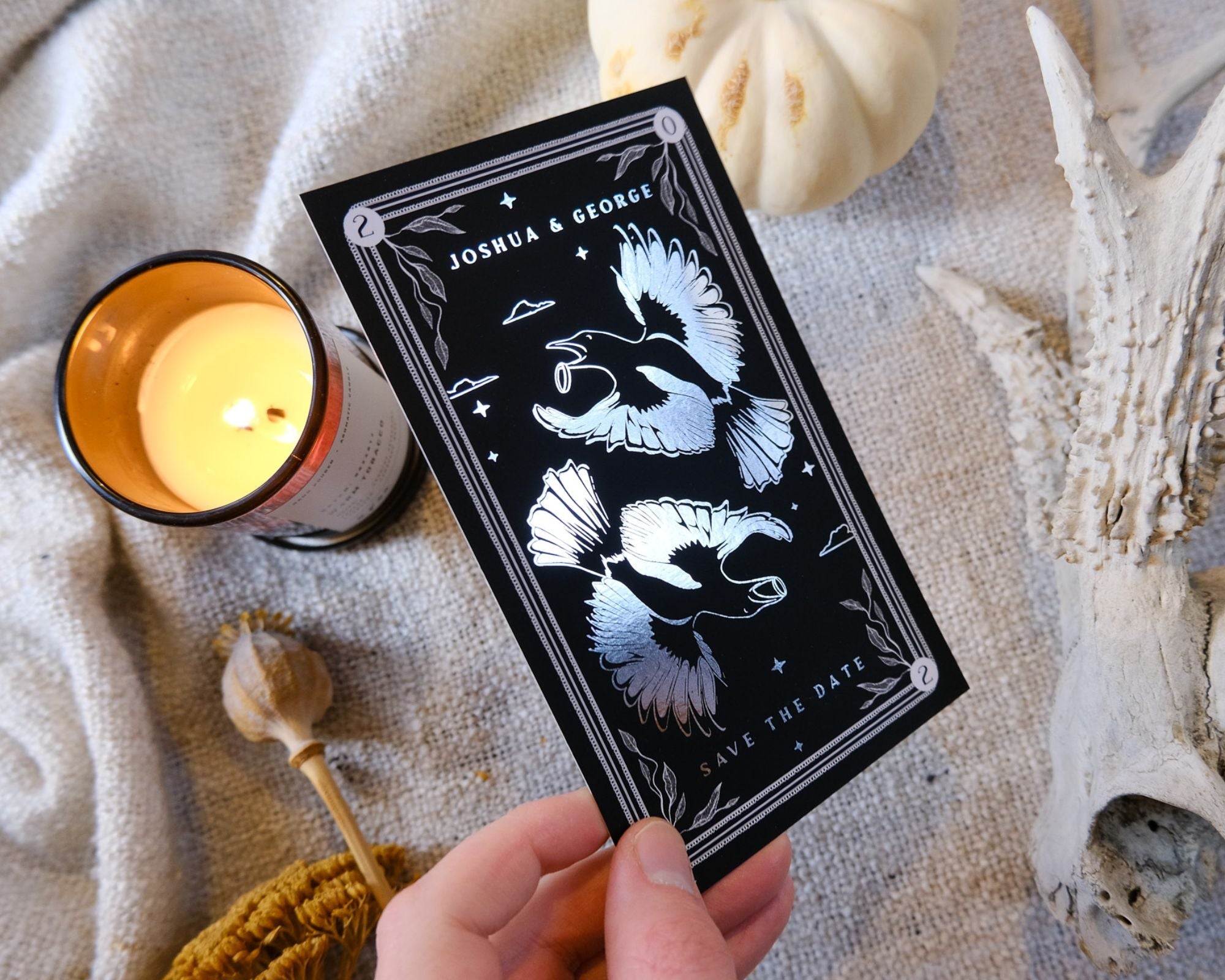 Two for Joy Magpie Foiled Tarot Card Save the Dates with white envelopes, customizable colors, and velvet soft card design.