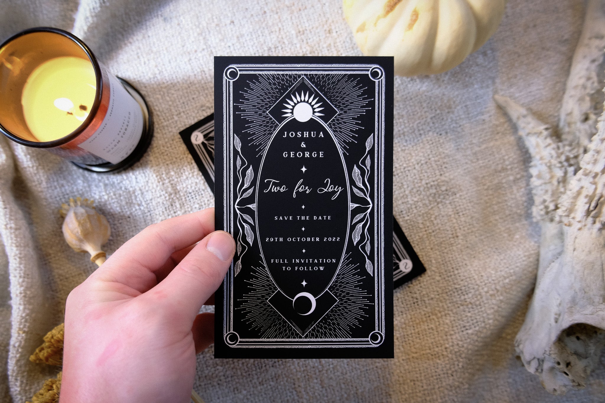 'Two for Joy' Magpie Foiled Tarot Card Save the Dates with customizable colors, white envelopes, 99x210 mm size, 280 GSM Velvet Soft Card.