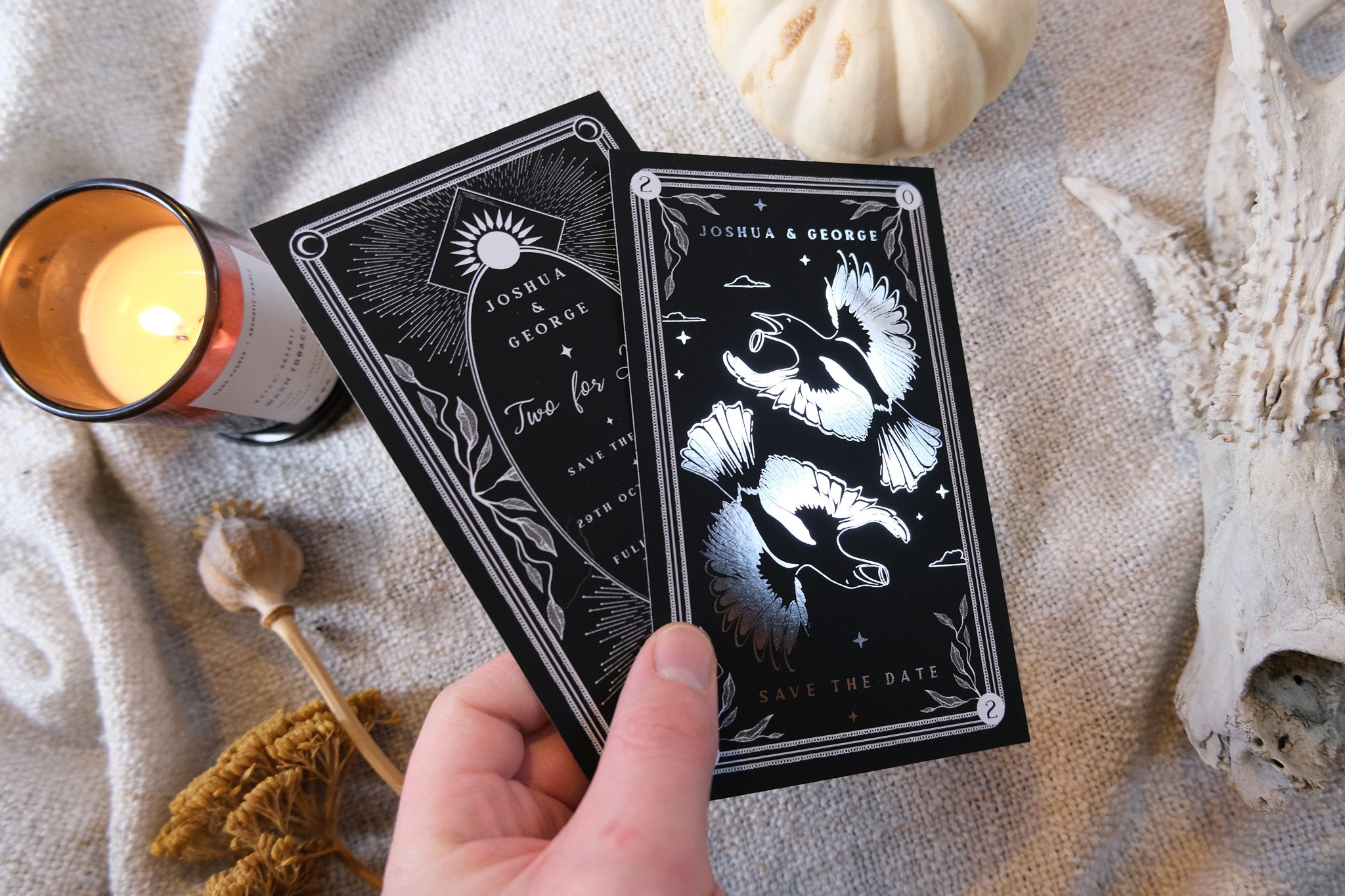 'Two for Joy' Magpie Foiled Tarot Card Save the Dates with white envelopes, customizable color options, 280 GSM velvet soft card.