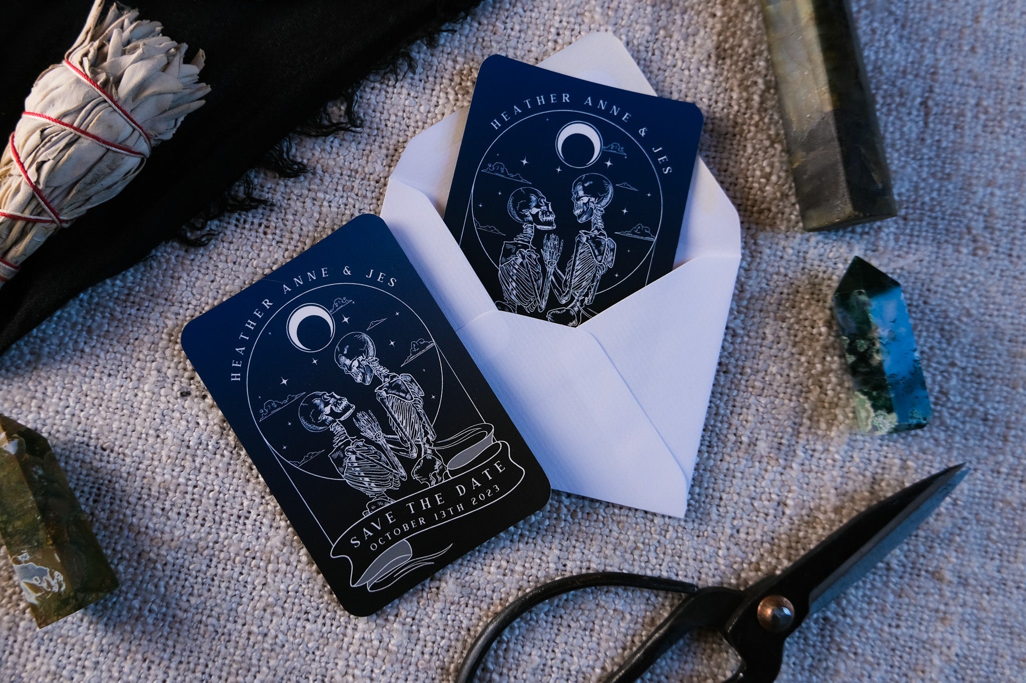 Skeleton Lovers 'Til Death Do Us Part' Tarot Save The Date Mini Magnet with envelope.