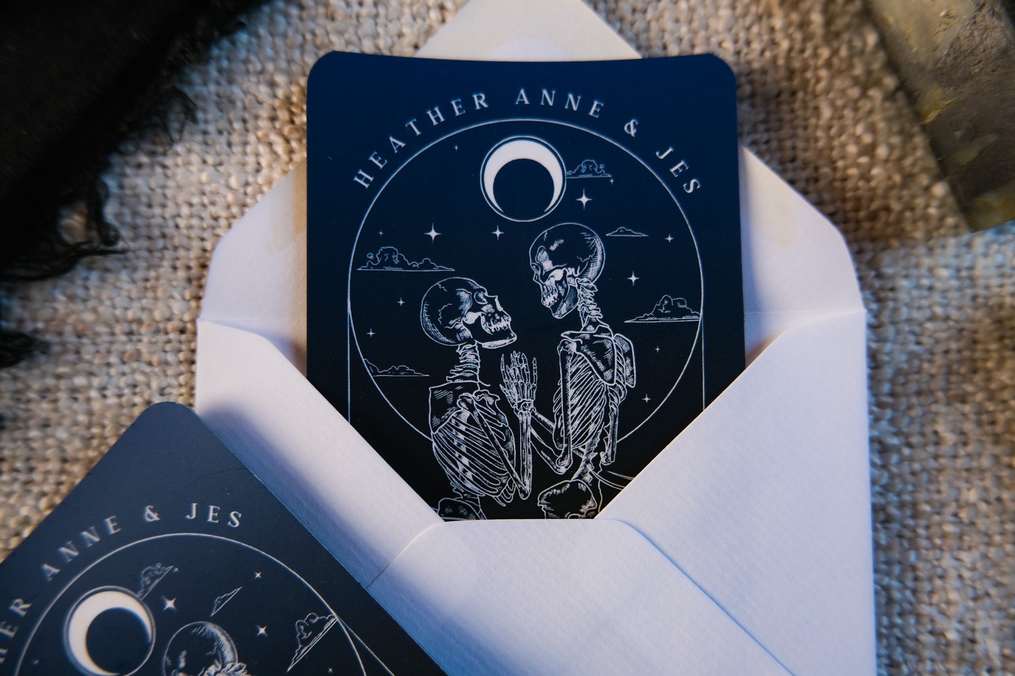 Skeleton Lovers 'Til Death Do Us Part' Tarot Save The Date Mini Magnet with envelope, featuring a romantic skeleton design under a moonlit sky.