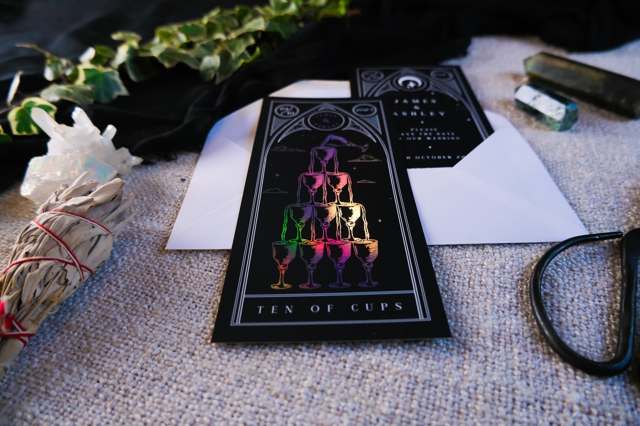 Ten of Cups Foiled Tarot Card Save the Dates with white envelopes.