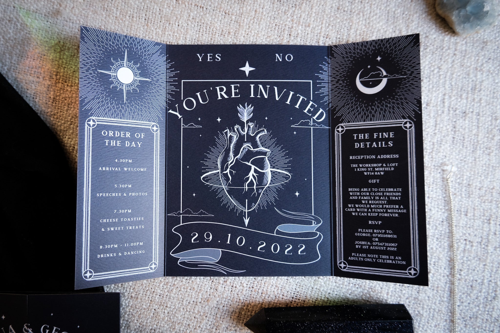 'Bleeding Heart' Gatefold Wedding Invitation with celestial design, customizable colors, and included white envelopes.