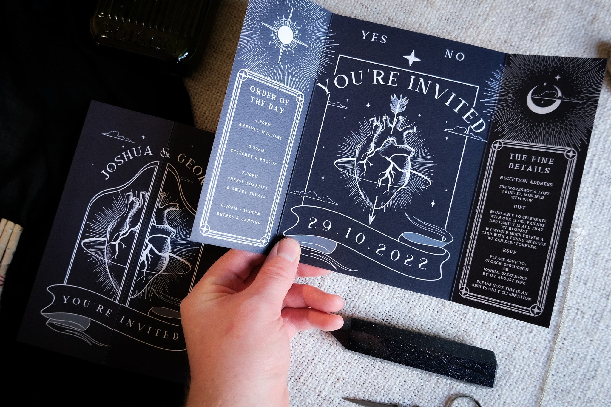 'Bleeding Heart' gatefold wedding invitation with detailed design and customizable colors.