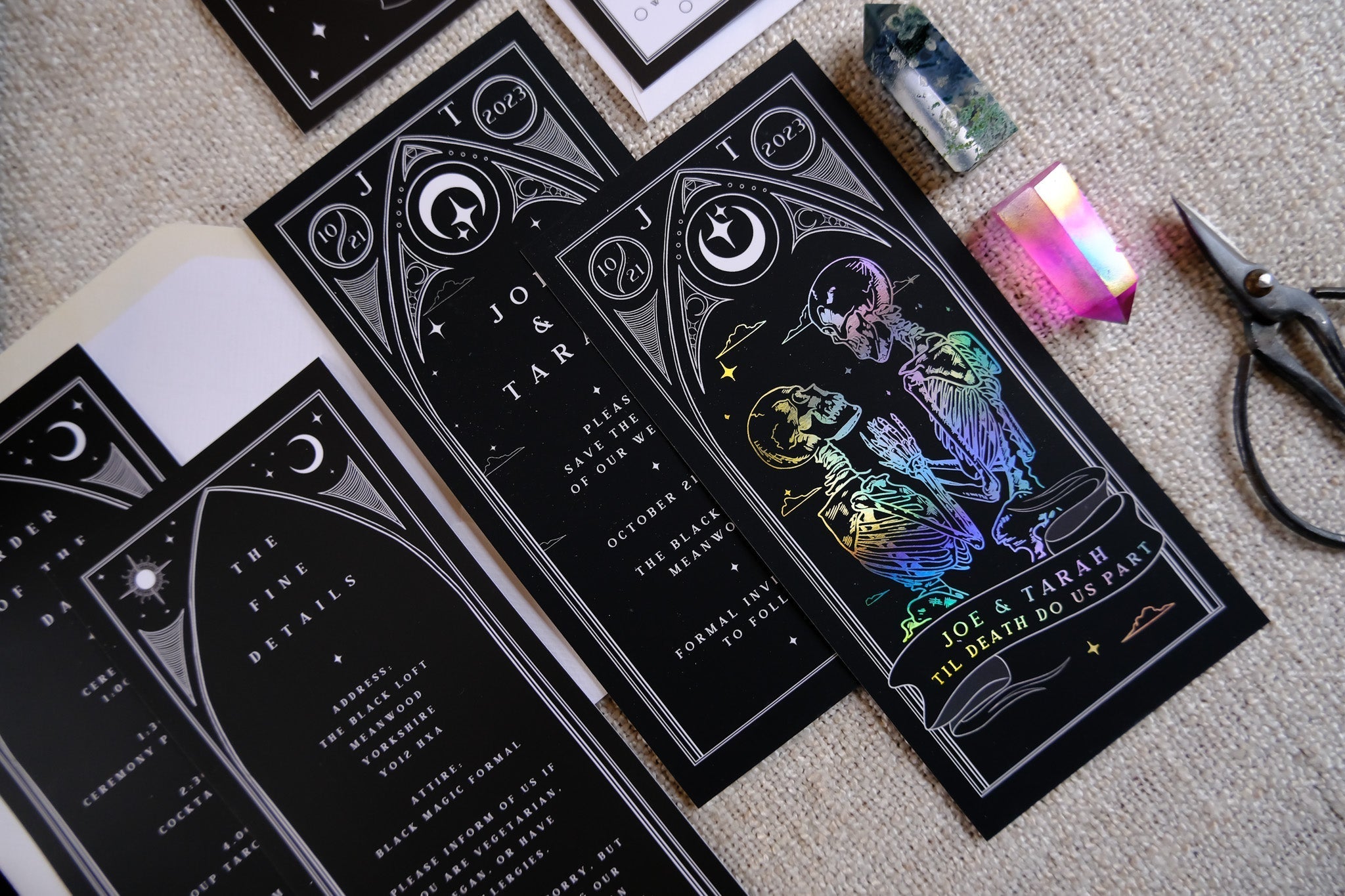 'Til Death Do Us Part' Lovers Foiled Tarot Card 3 Piece Invitation Suite with black foiled tarot cards, featuring skeleton design and customizable color options.