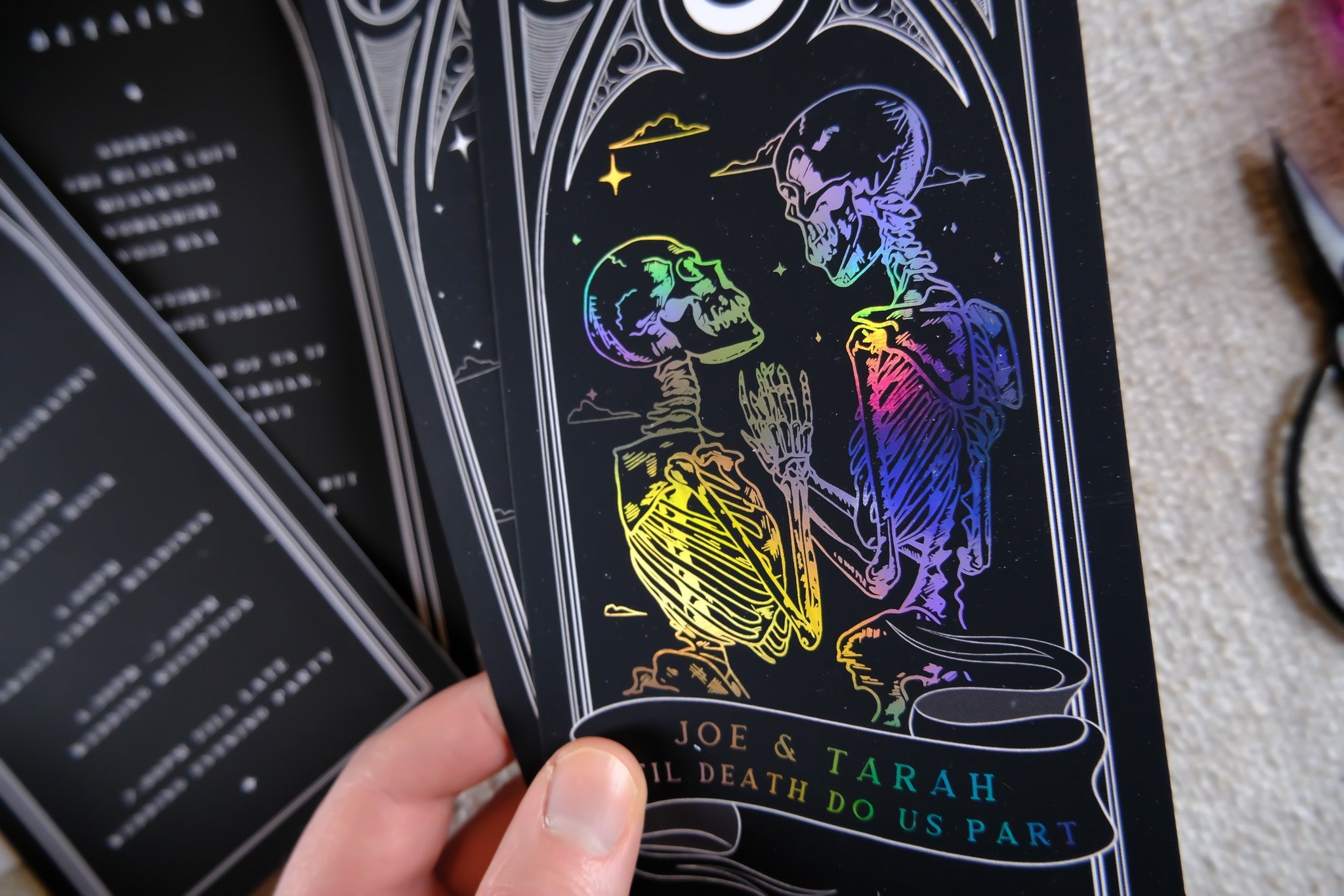 'Til Death Do Us Part' Lovers Foiled Tarot Card 3 Piece Invitation Suite with colorful skeleton design.