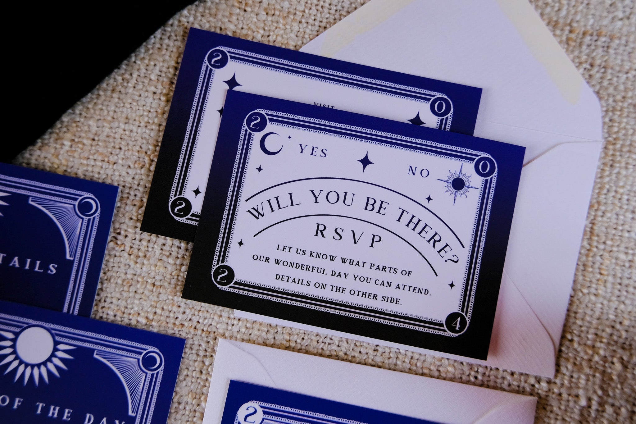 'Dusk & Dawn' Foiled Tarot Card Invitation Suite, 3-piece set with RSVP and details.