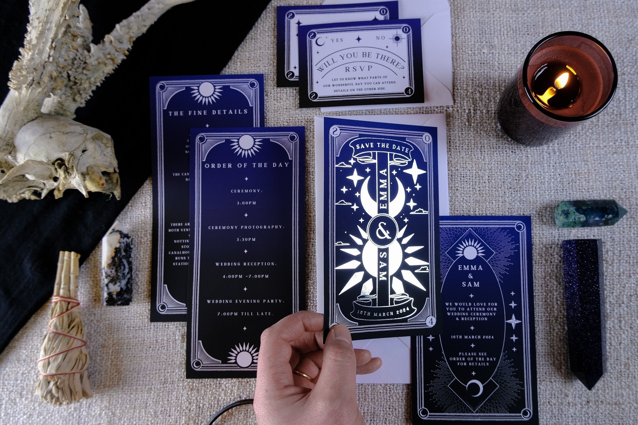 "Dusk & Dawn" foiled tarot card 3 piece invitation suite with customizable colors, featuring three cards including RSVP and order of the day details.