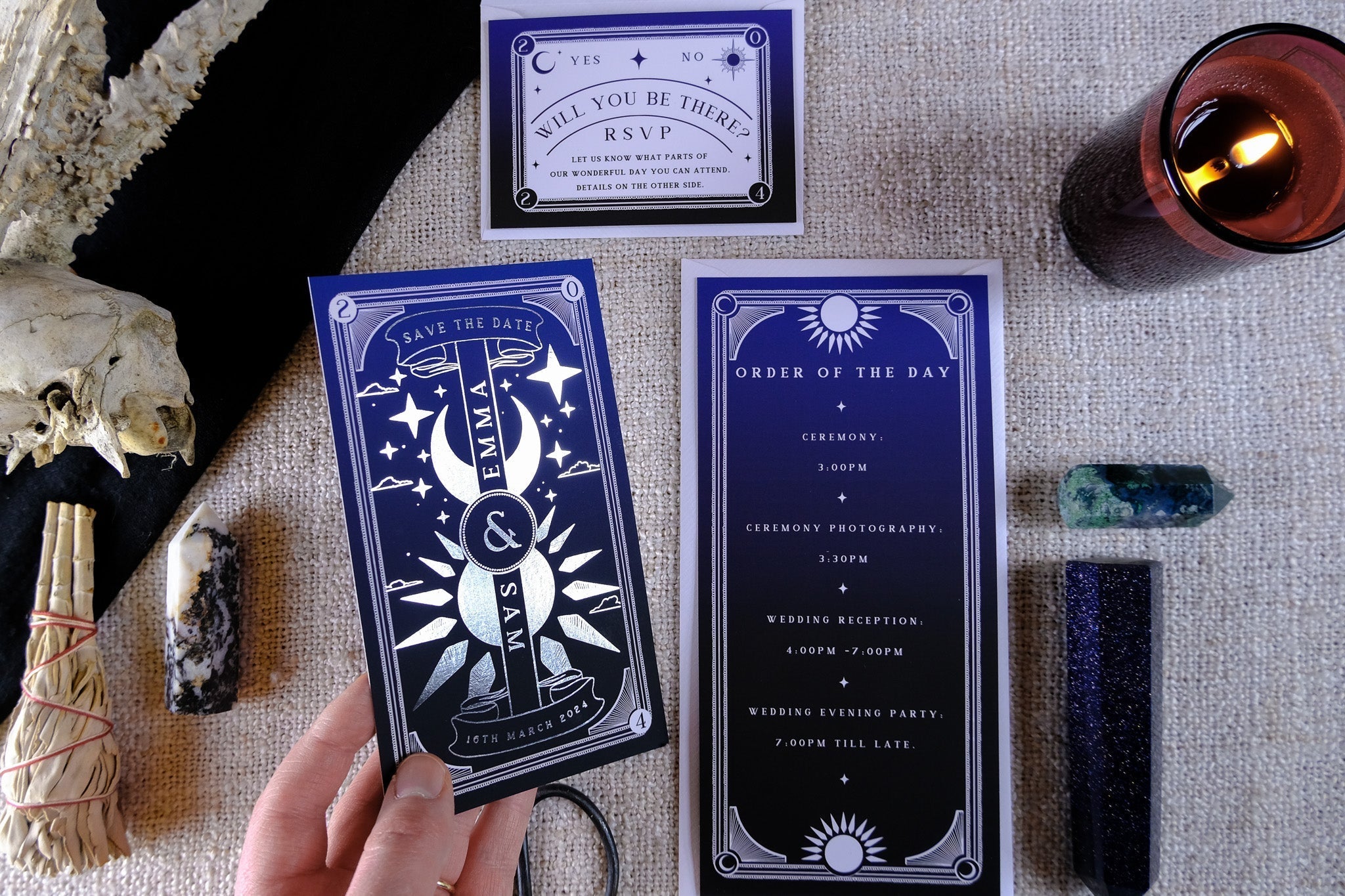 "Dusk & Dawn" Foiled Tarot Card 3 Piece Invitation Suite with 3 cards and candle in the background.
