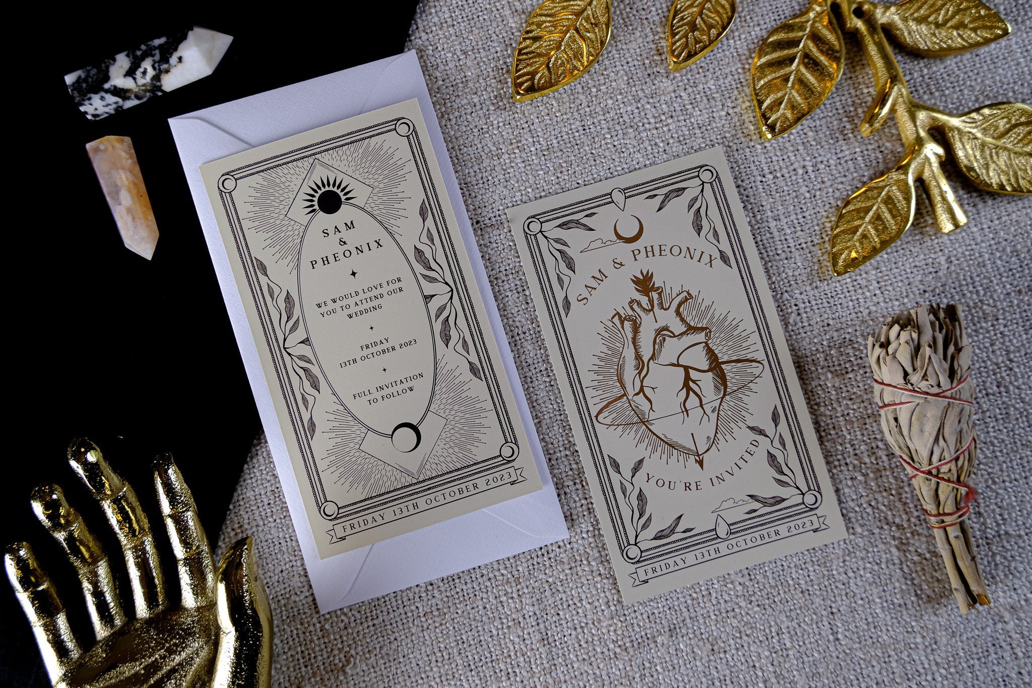 Bleeding Heart Foiled Tarot Card Save The Date with luxury details and foil finish on textured surface, perfect for elegant weddings.