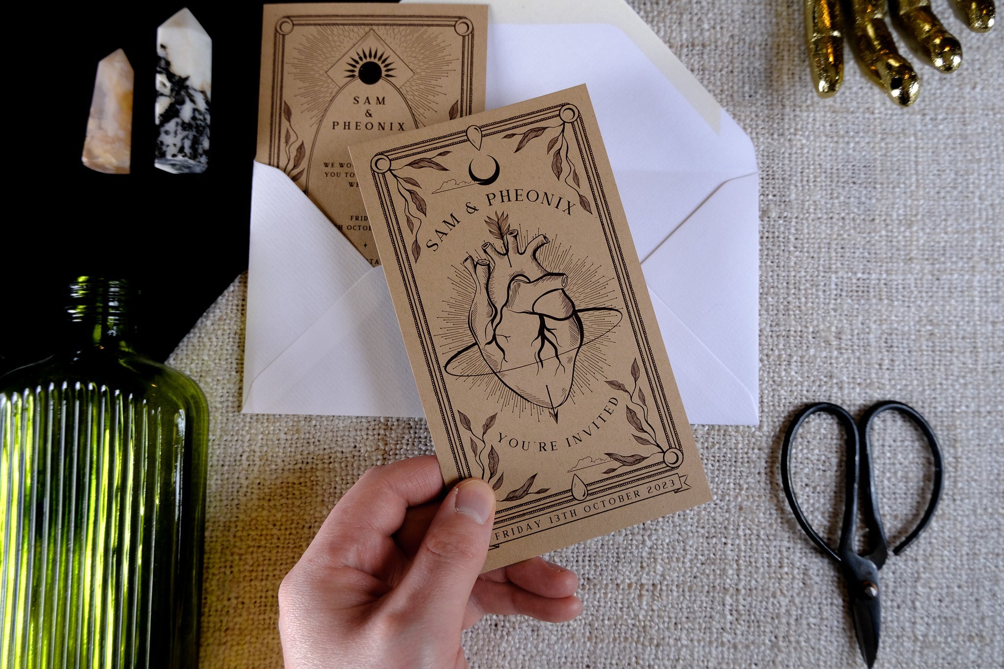 Bleeding Heart Tarot Save The Date card with white envelopes, 280 GSM matte card stock, customizable colors.