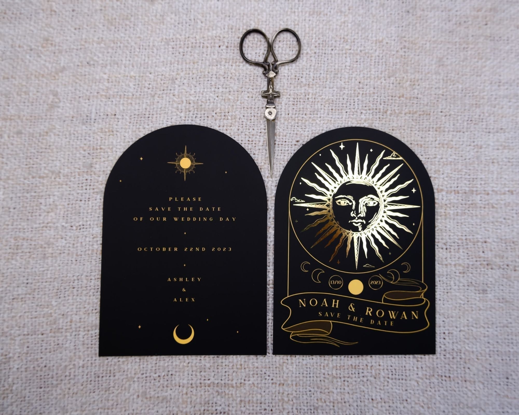 The Sun Tarot Arched Foiled Save The Date Card with luxurious gold sun design and arched shape.
