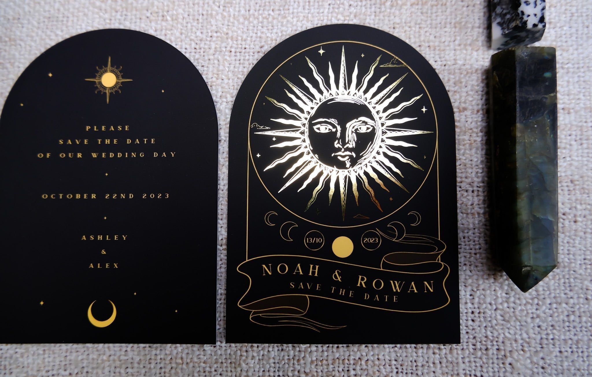 'The Sun' Tarot Arched Foiled Save The Date Card with celestial design and gold foil detailing.
