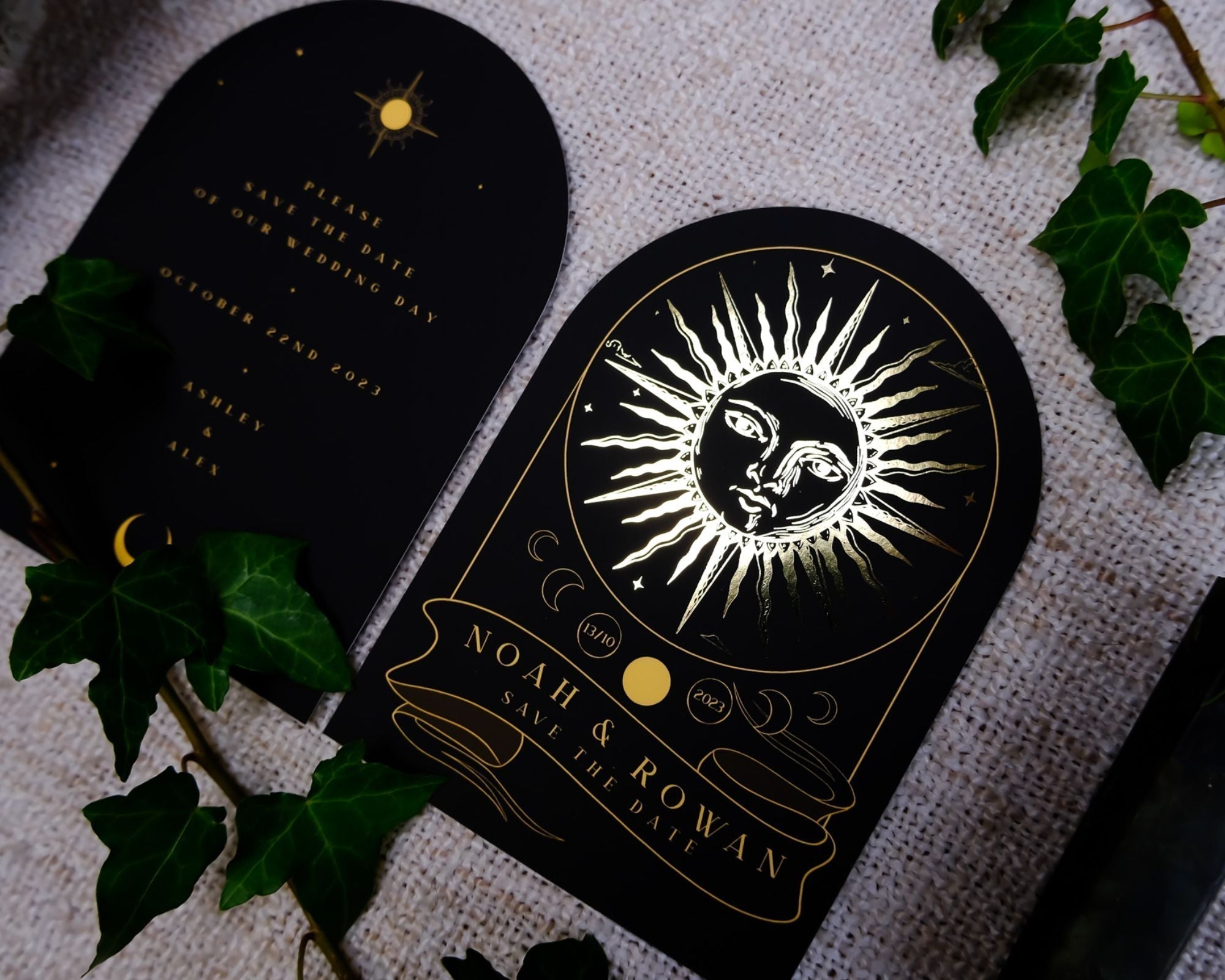 The Sun Tarot Arched Foiled Save The Date Card with gold foil detailing and celestial design.