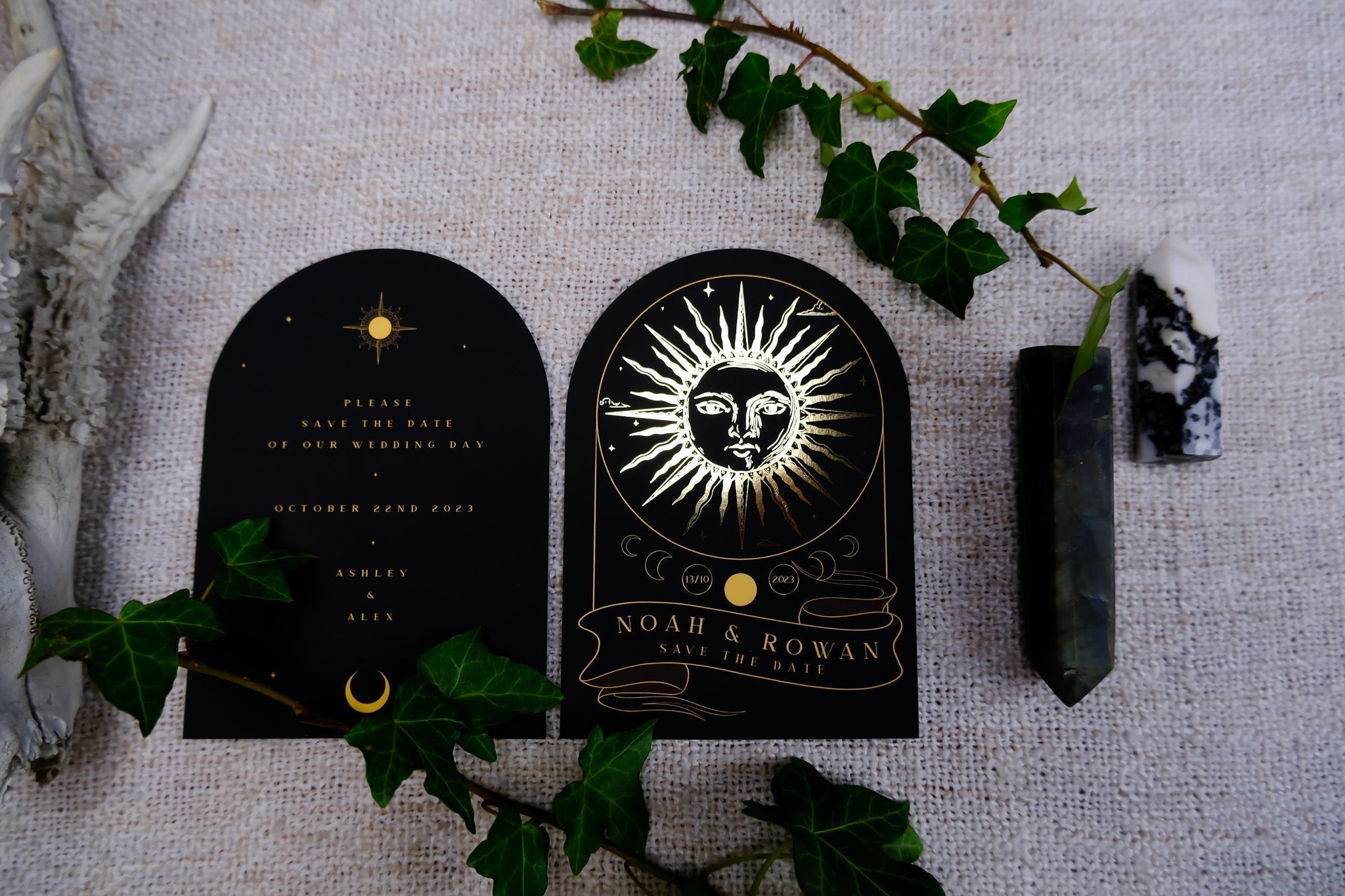 The Sun Tarot Arched Foiled Save The Date Card with gold foil detailing, celestial design, and arched shape.