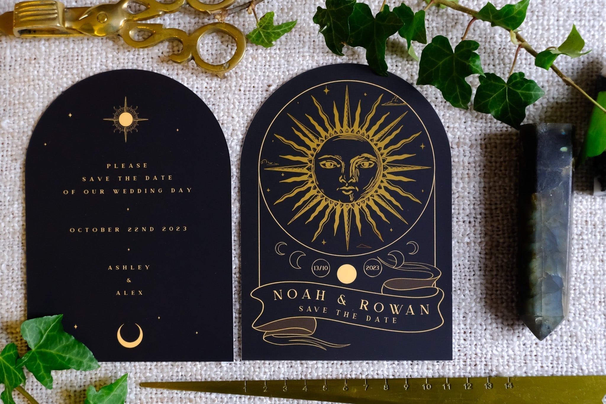 The Sun Tarot Arched Foiled Save The Date Card with gold foil design and celestial theme.