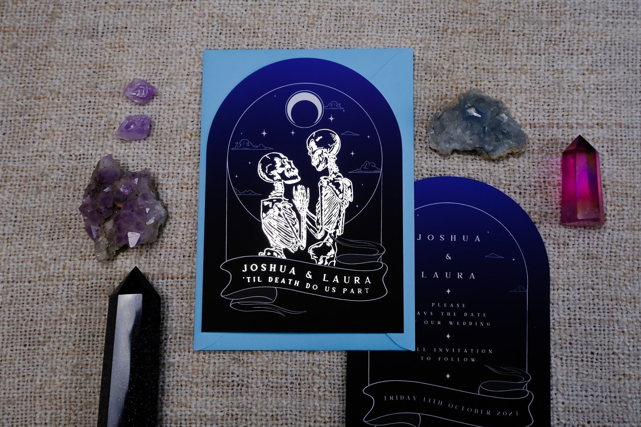 'Til Death Do Us Part' The Lovers Arched Foiled Save The Date with skeleton design, velvet soft card, 105 × 148 mm.