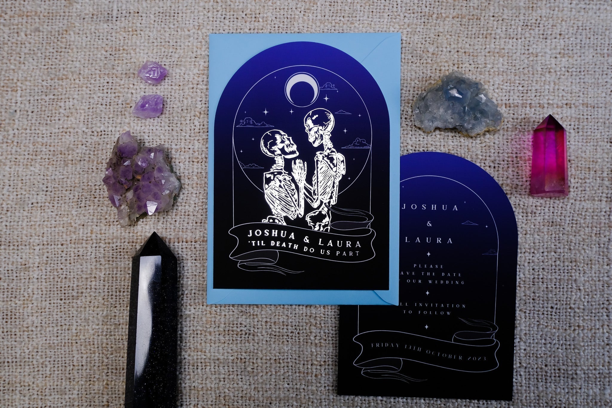 'Til Death Do Us Part' The Lovers Arched Foiled Save The Date with skeleton design, velvet soft card, 105 × 148 mm.