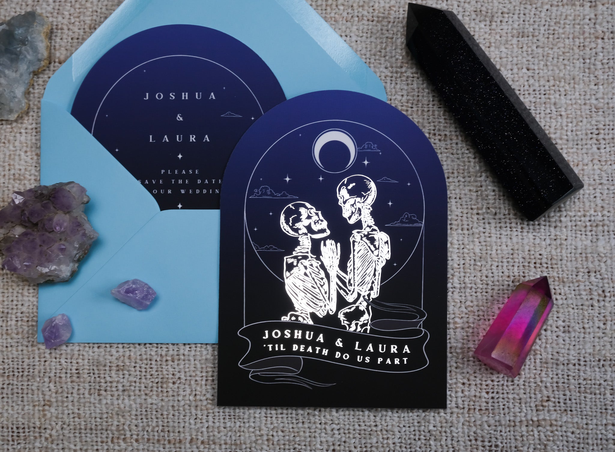 'Til Death Do Us Part' The Lovers Arched Foiled Save The Date with skeleton design, velvet soft card, 105 × 148 mm.