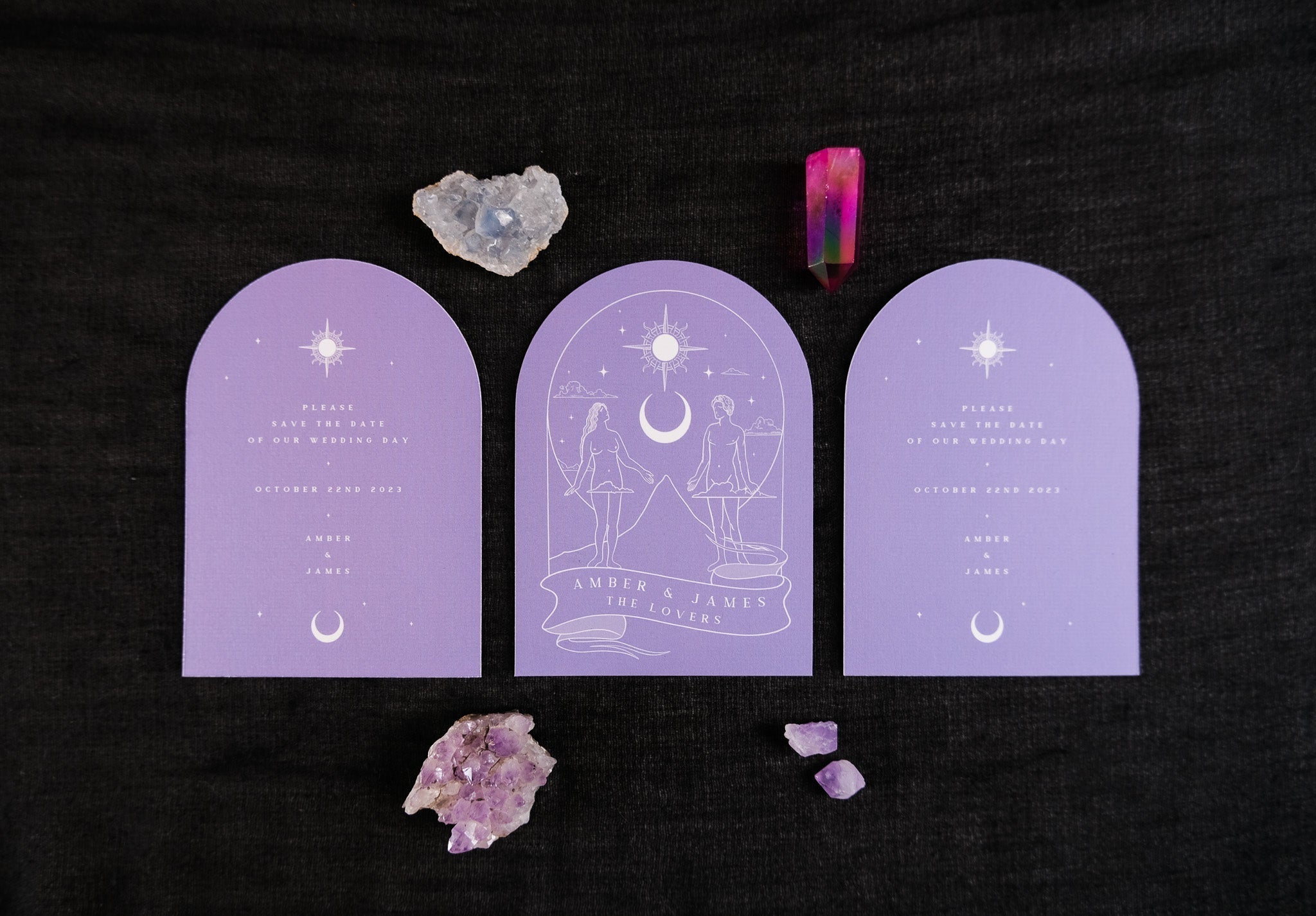 Lover Tarot Arched Save The Date Cards with crystals, purple design.