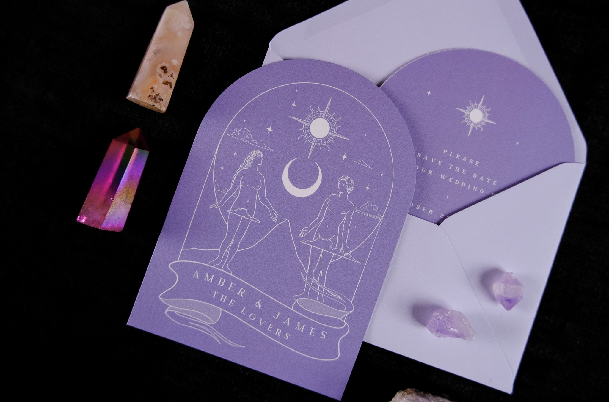 Lover Tarot' Arched Save The Date Card with celestial design and white envelope.