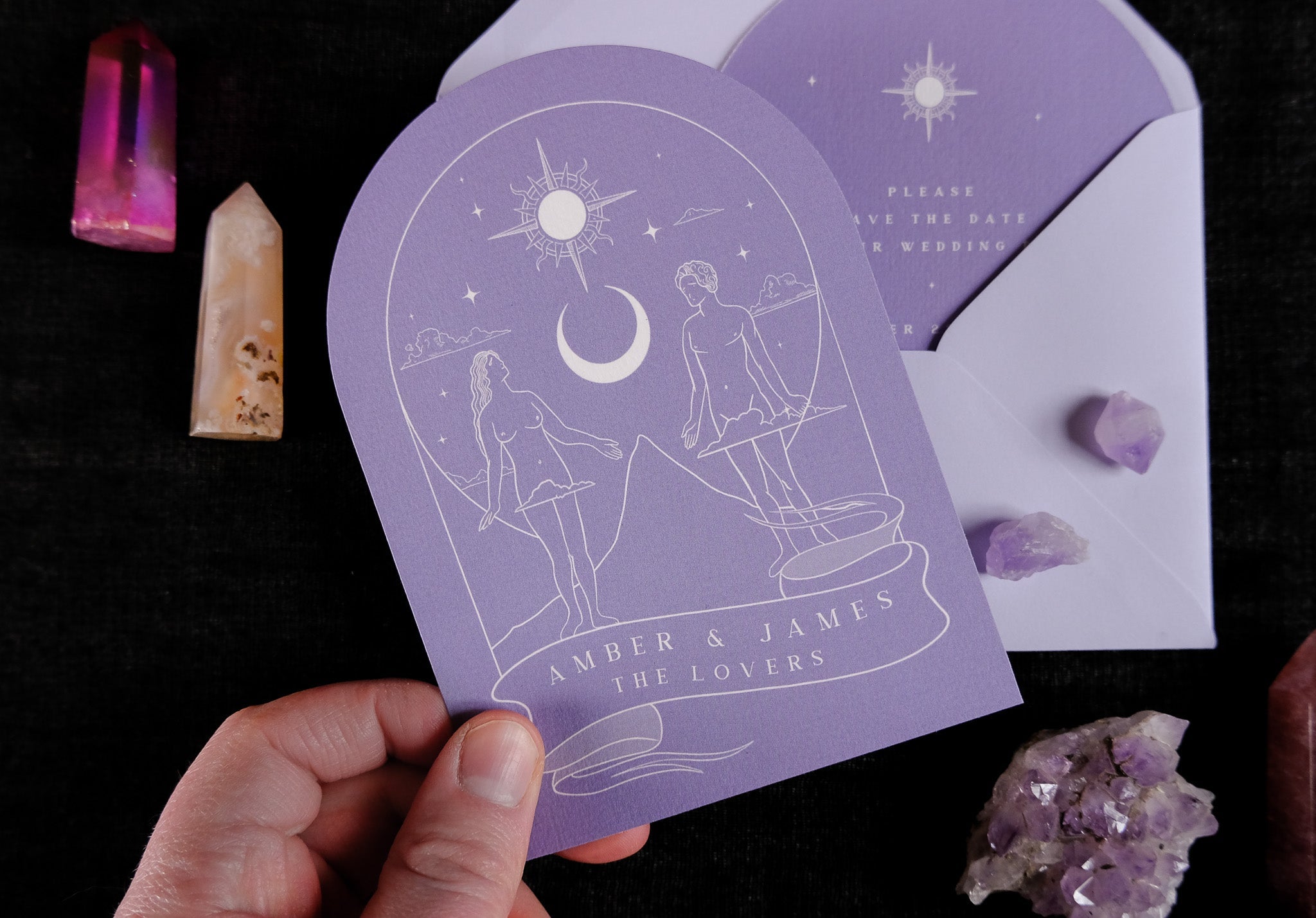 Lover Tarot' Arched Save The Date Card with celestial theme and high-quality envelope.
