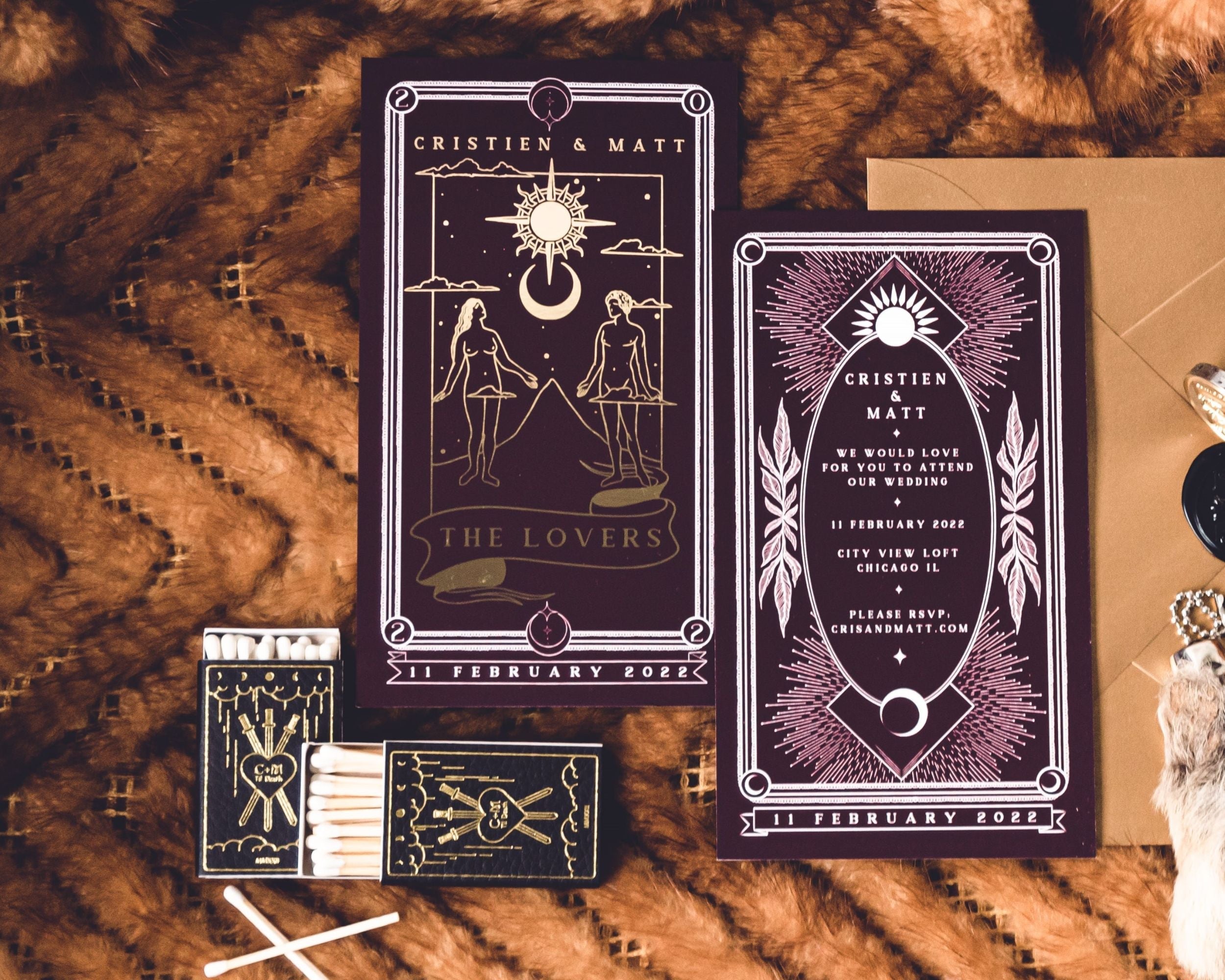 Elegant 'The Lovers' foiled save the date card with tarot-inspired design, featuring luxurious foil detailing alongside high-quality envelopes, perfect for romantic weddings.
