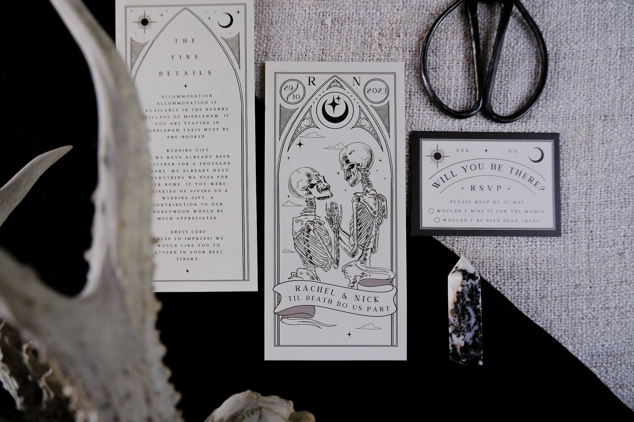 Skeleton couple tarot wedding invitation set with three-piece 'Til Death Do Us Part' Lovers Tarot design on premium cardstock