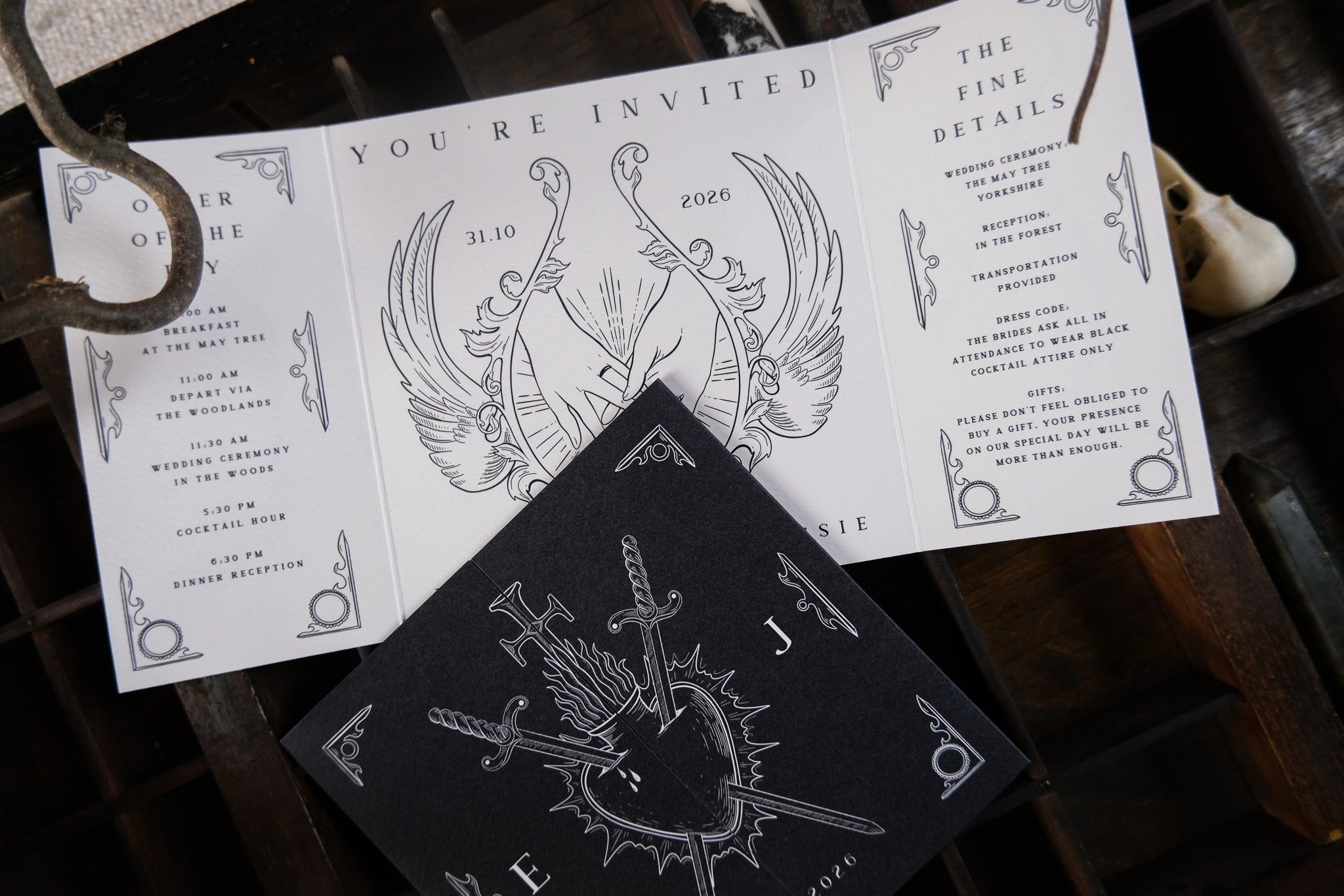 Star-Crossed Lovers Gatefold Wedding Invitations – Gothic Romance Bleeding Heart & Swords Design