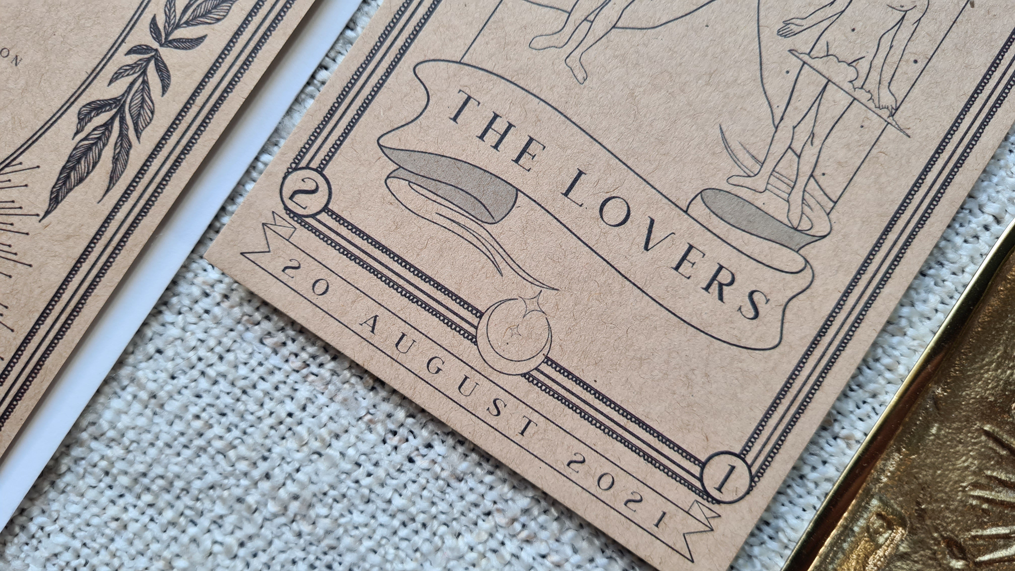 The Lovers Tarot Save The Date card featuring gothic hand-drawn illustration on matte card for alternative weddings