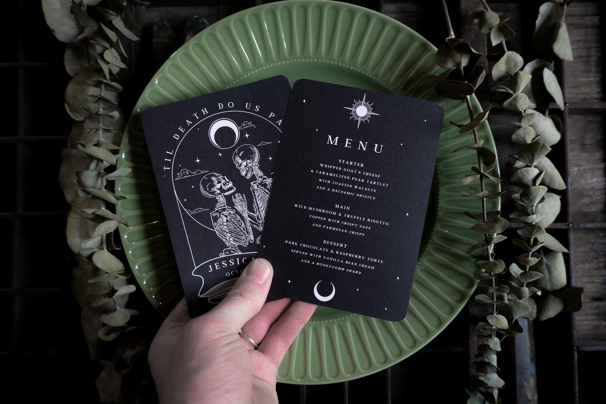 ‘Til Death Do Us Part’ Lovers Wedding Menu Cards – Skeleton Couple Gothic Design